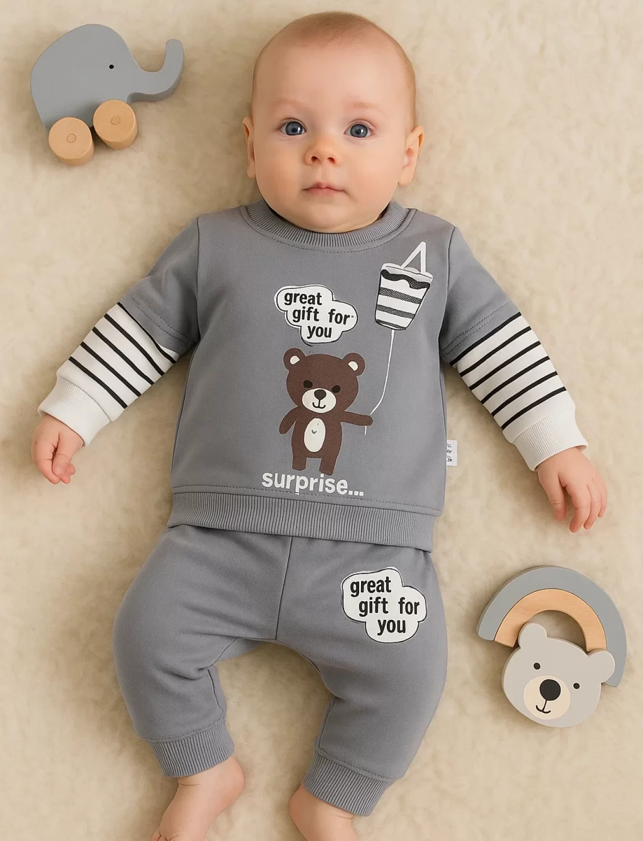 3-18 Ay Erkek Bebek Takımı Gift For You 2li Gri