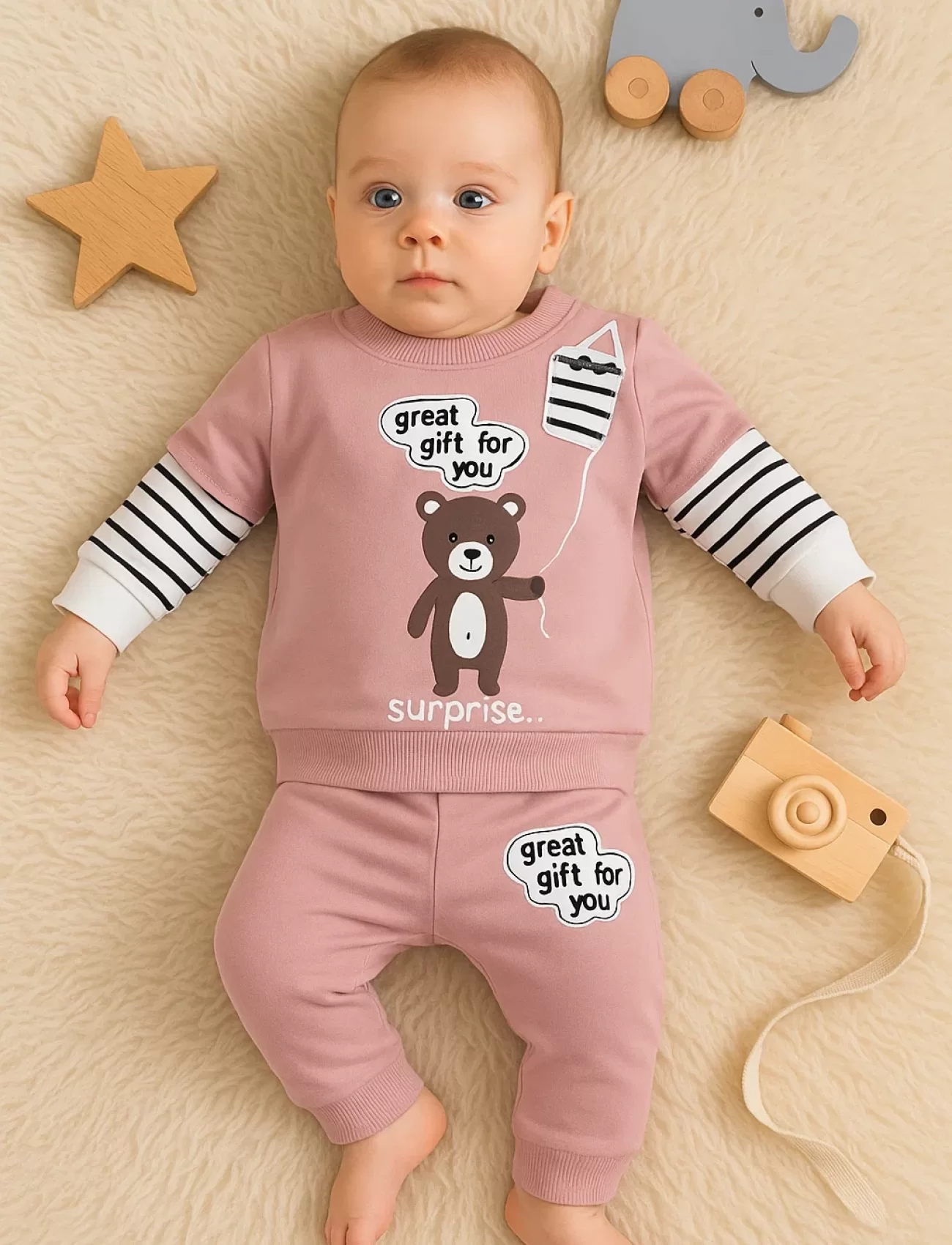 3-18 Ay Erkek Bebek Takımı Gift For You 2li Gül Kurusu