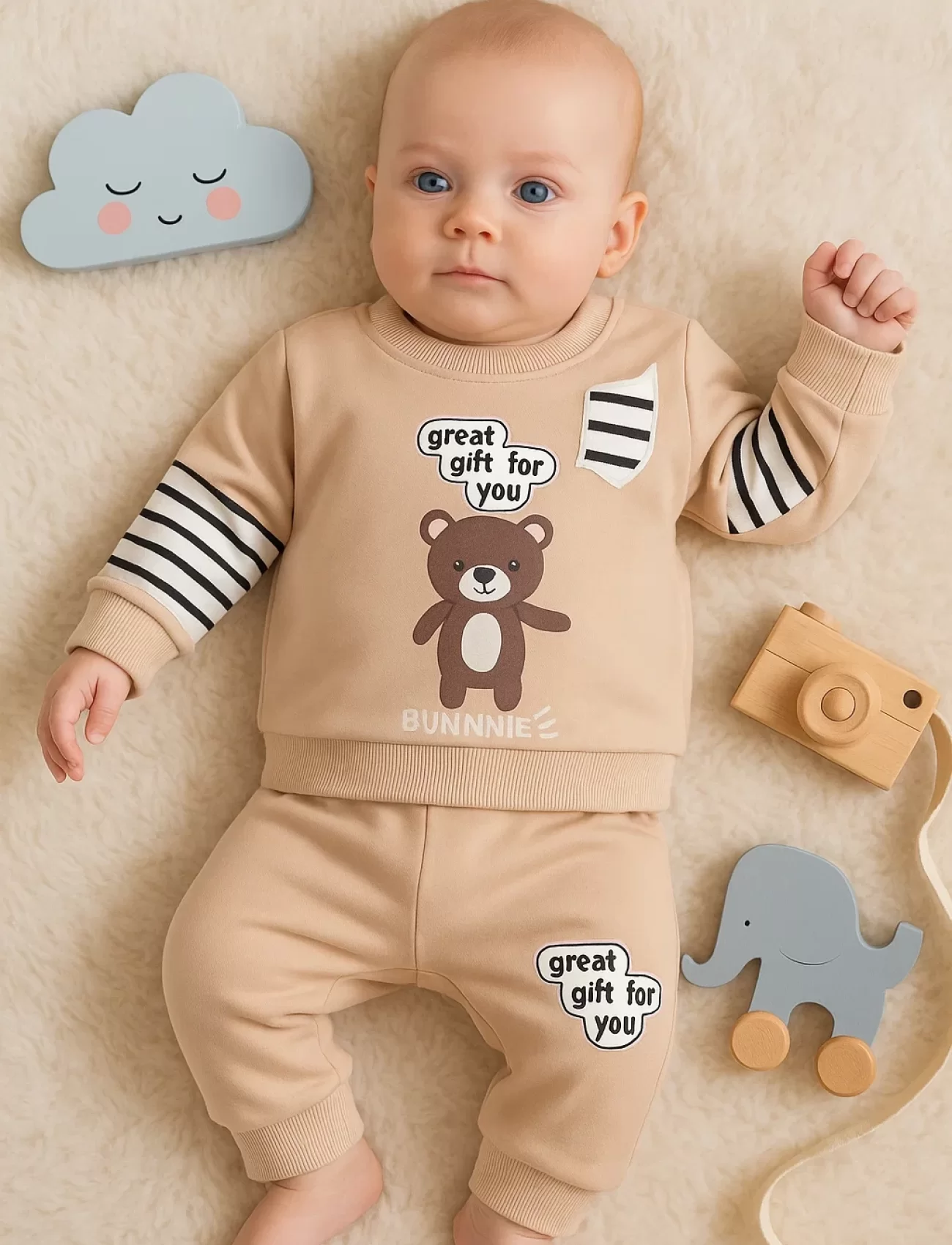 3-18 Ay Erkek Bebek Takımı Gift For You 2li Krem