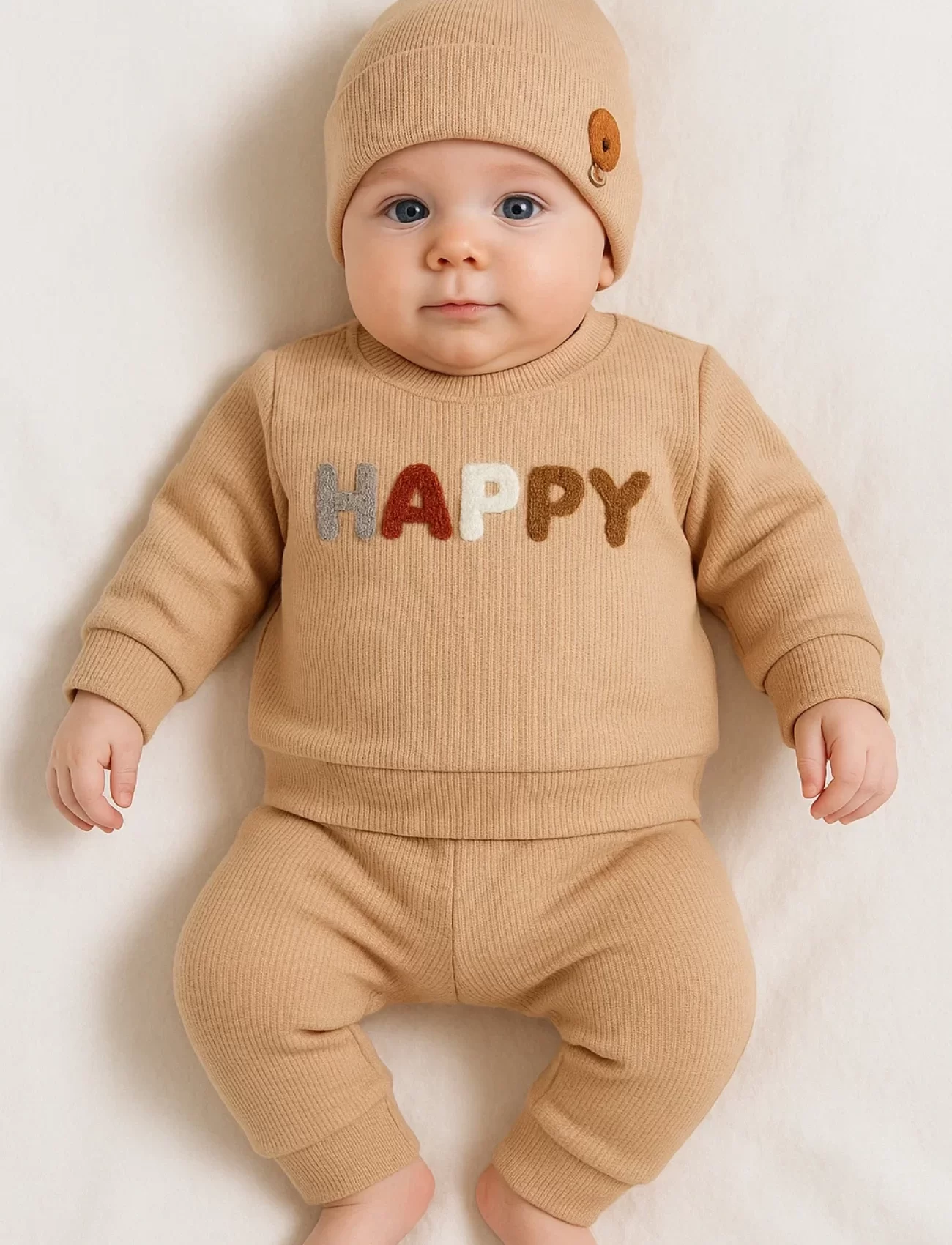 3-18 Ay Erkek Bebek Takımı Happy Nakışlı 2li Kahverengi