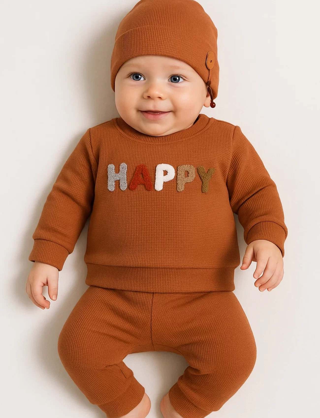3-18 Ay Erkek Bebek Takımı Happy Nakışlı 2li Kiremit