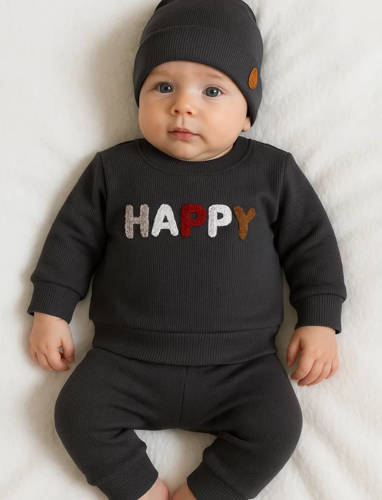 3-18 Ay Erkek Bebek Takımı Happy Nakışlı 2li Siyah
