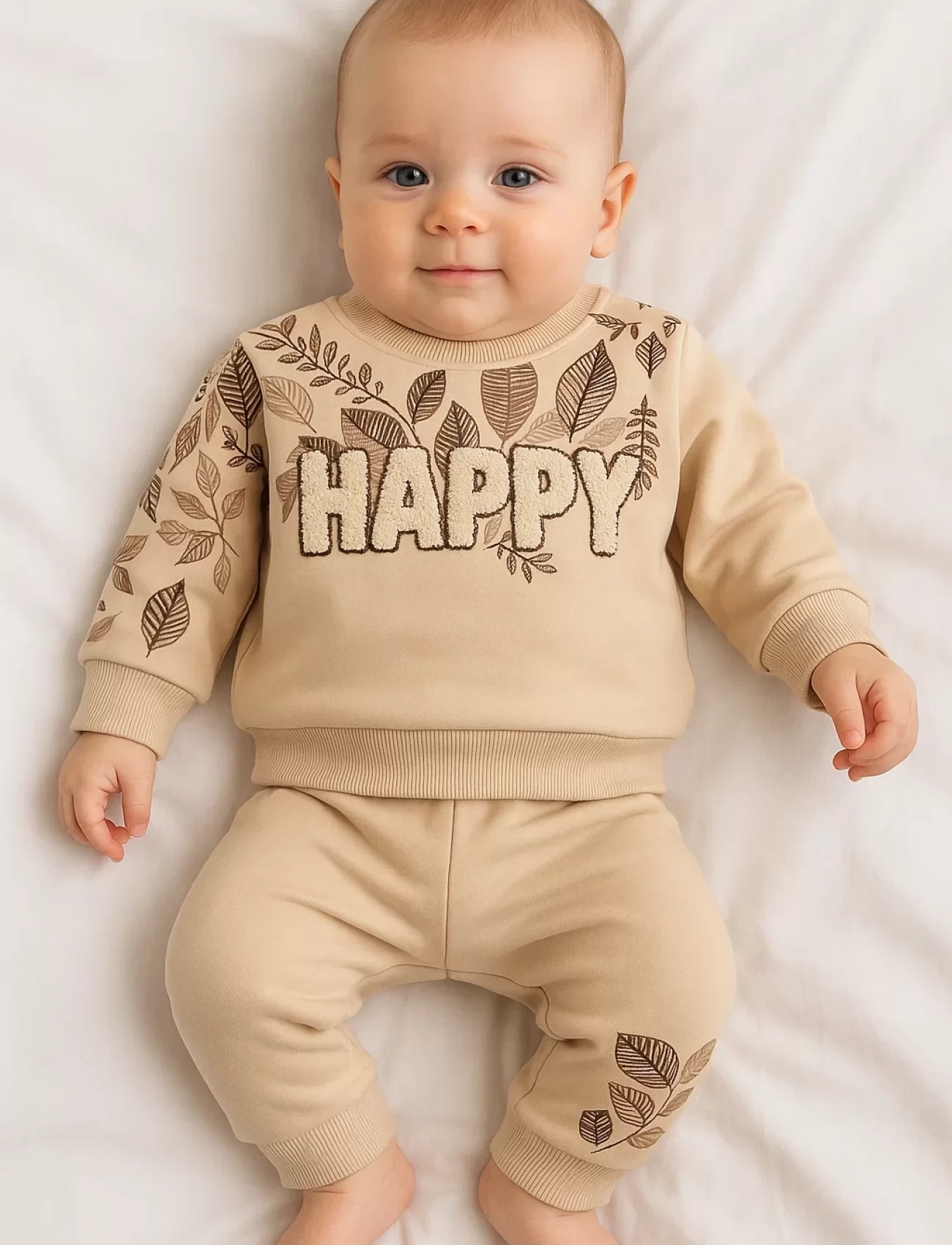 3-18 Ay Erkek Bebek Takımı Happy Yaprak 2li Krem