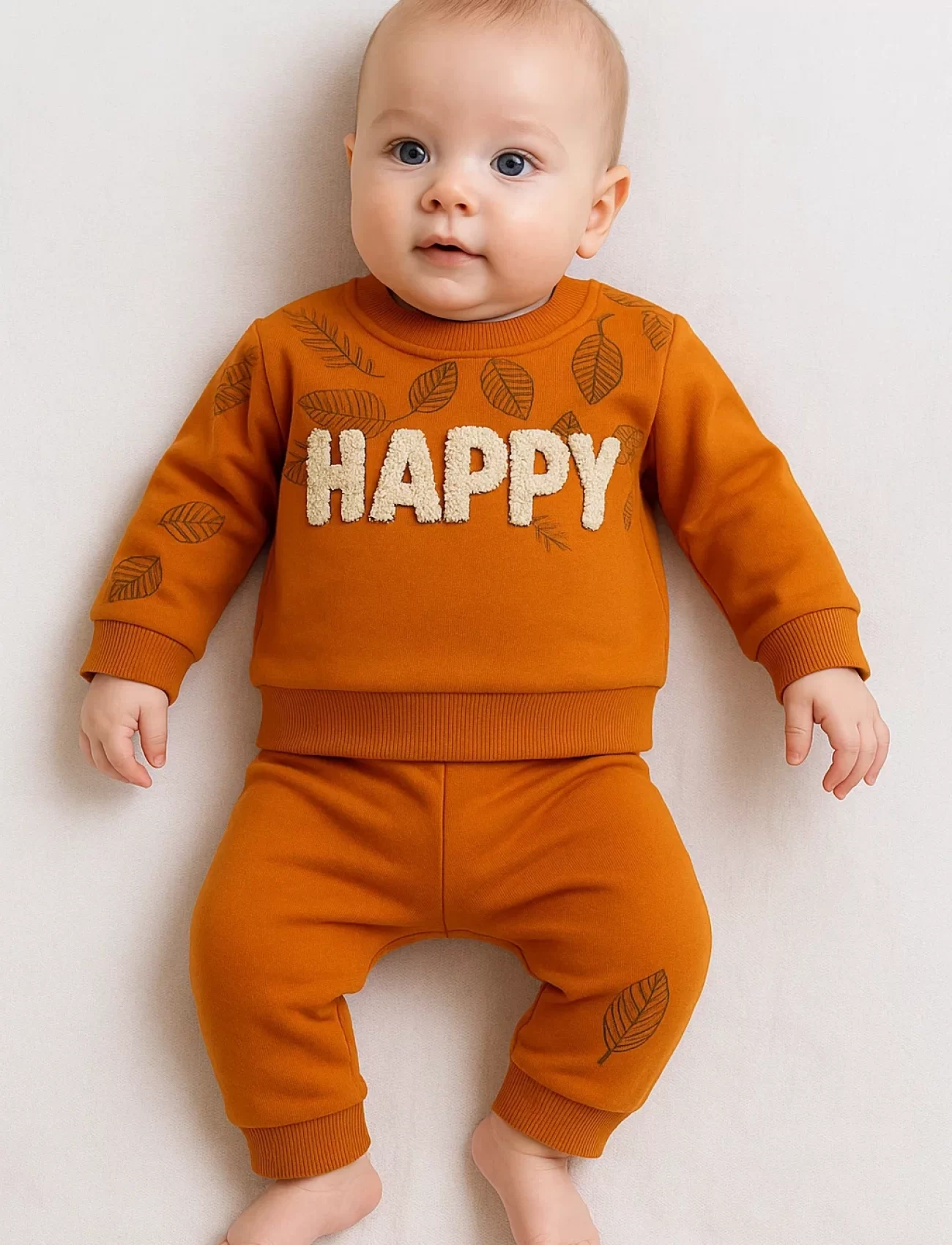 3-18 Ay Erkek Bebek Takımı Happy Yaprak 2li Turuncu