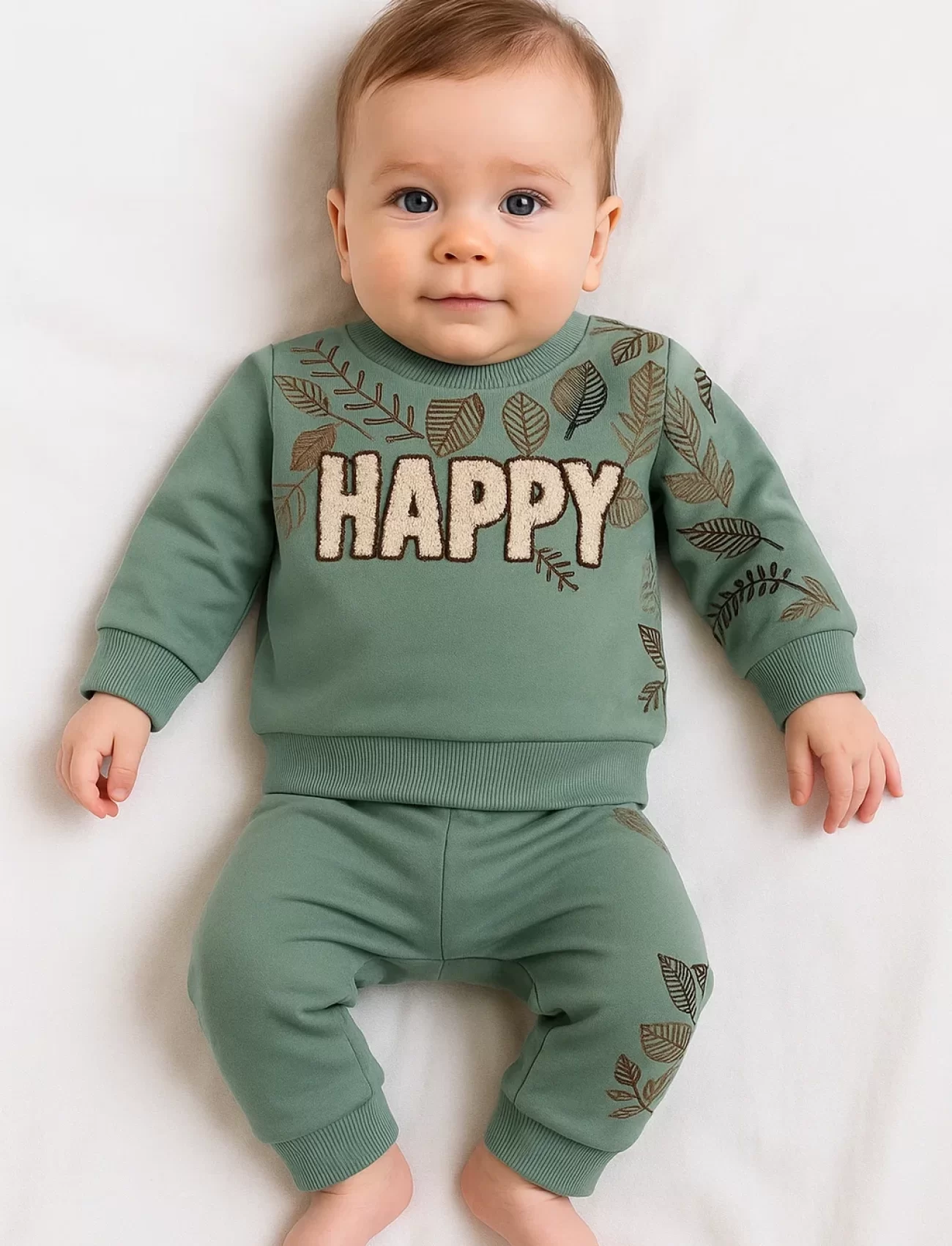 3-18 Ay Erkek Bebek Takımı Happy Yaprak 2li Yeşil