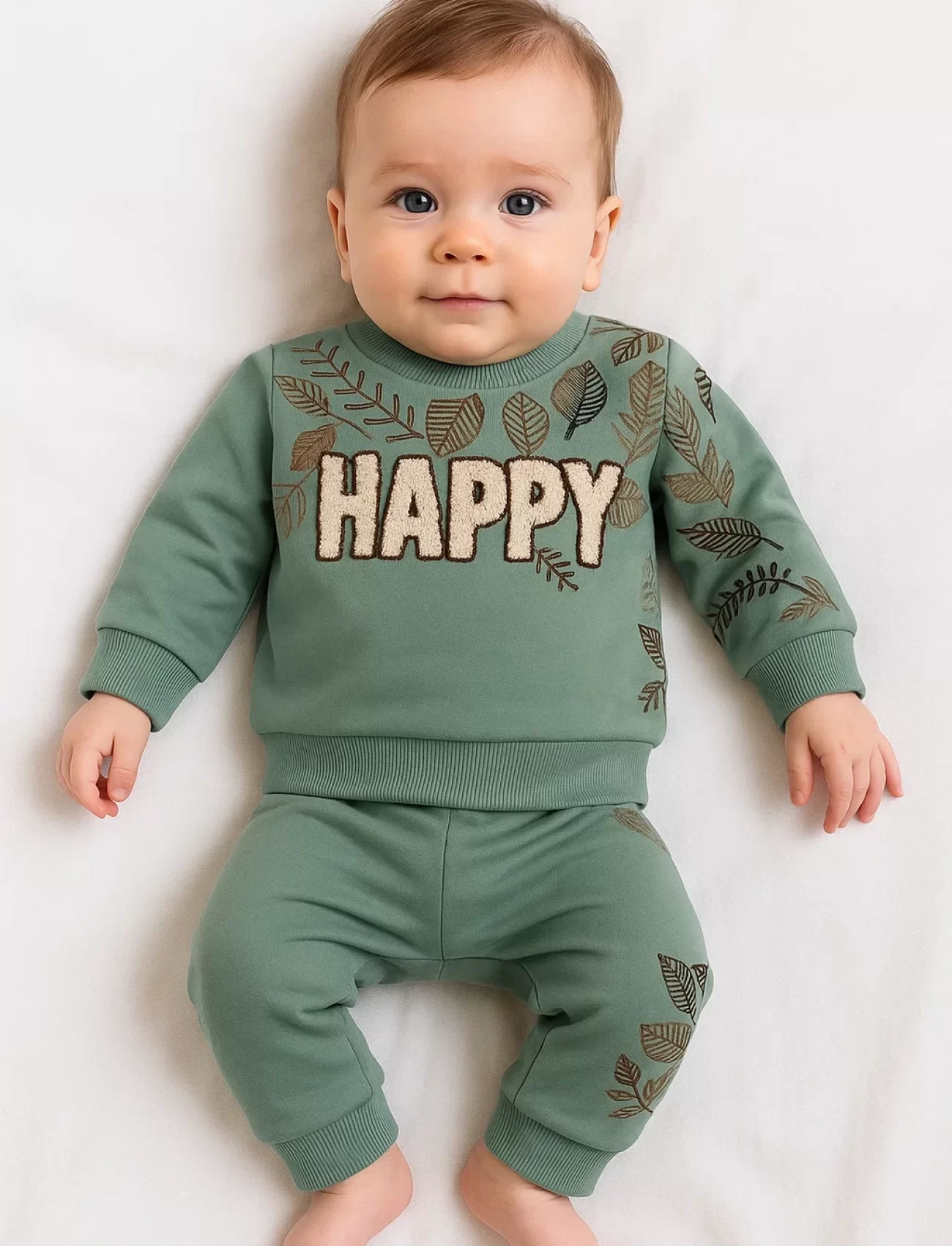 3-18 Ay Erkek Bebek Takımı Happy Yaprak 2li Yeşil
