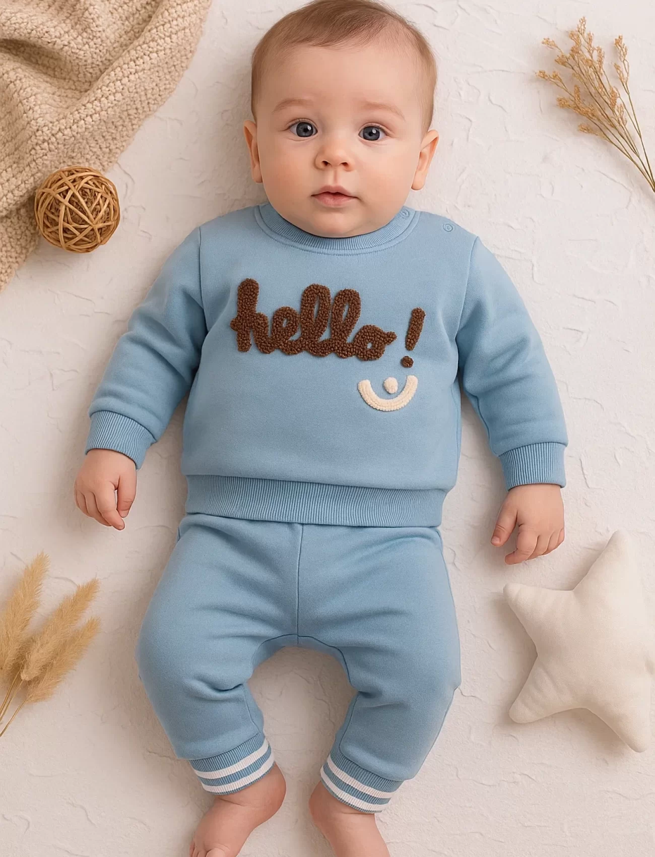 3-18 Ay Erkek Bebek Takımı Hello Nakışlı 2li Mavi