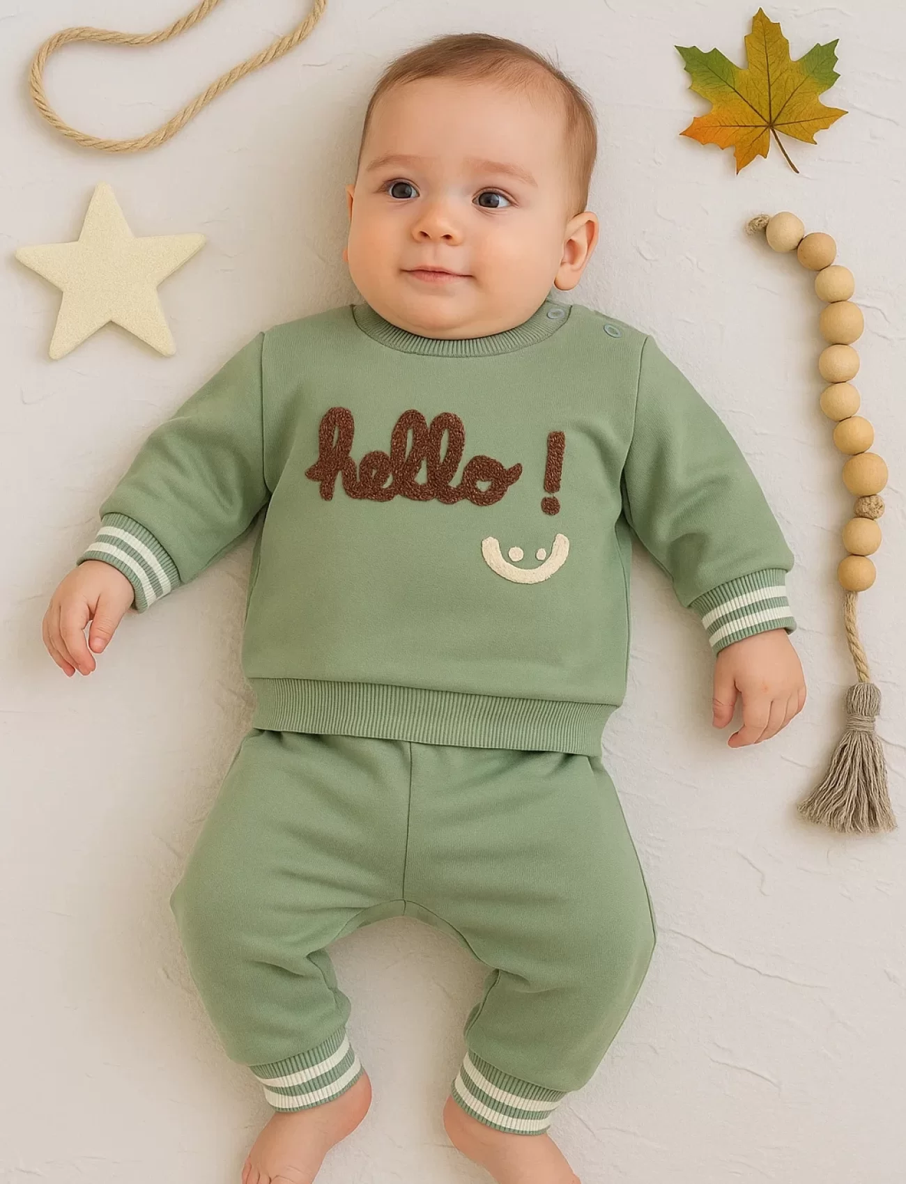 3-18 Ay Erkek Bebek Takımı Hello Nakışlı 2li Yeşil