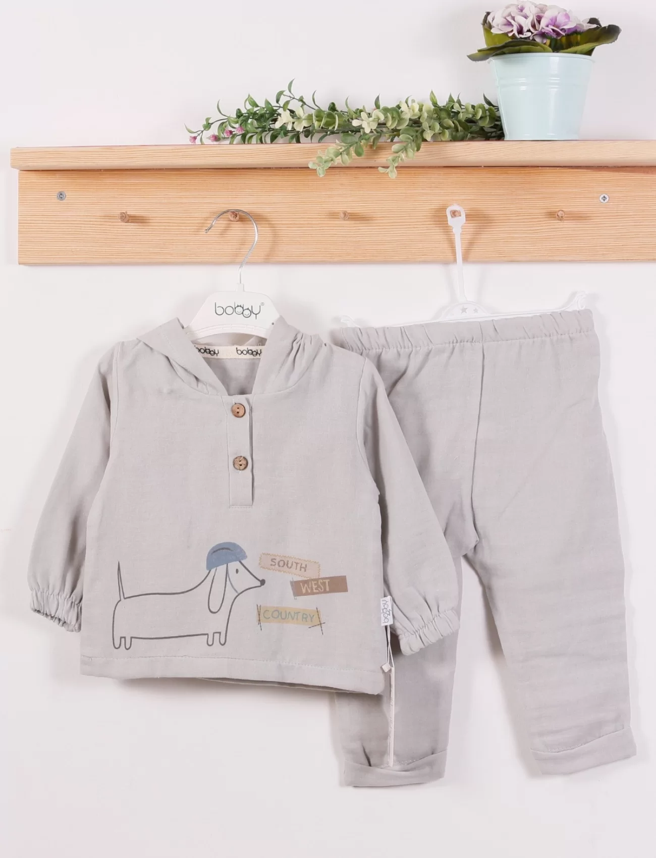 3-18 Ay Erkek Bebek Takımı Müslin Kumaş long Dog Gri
