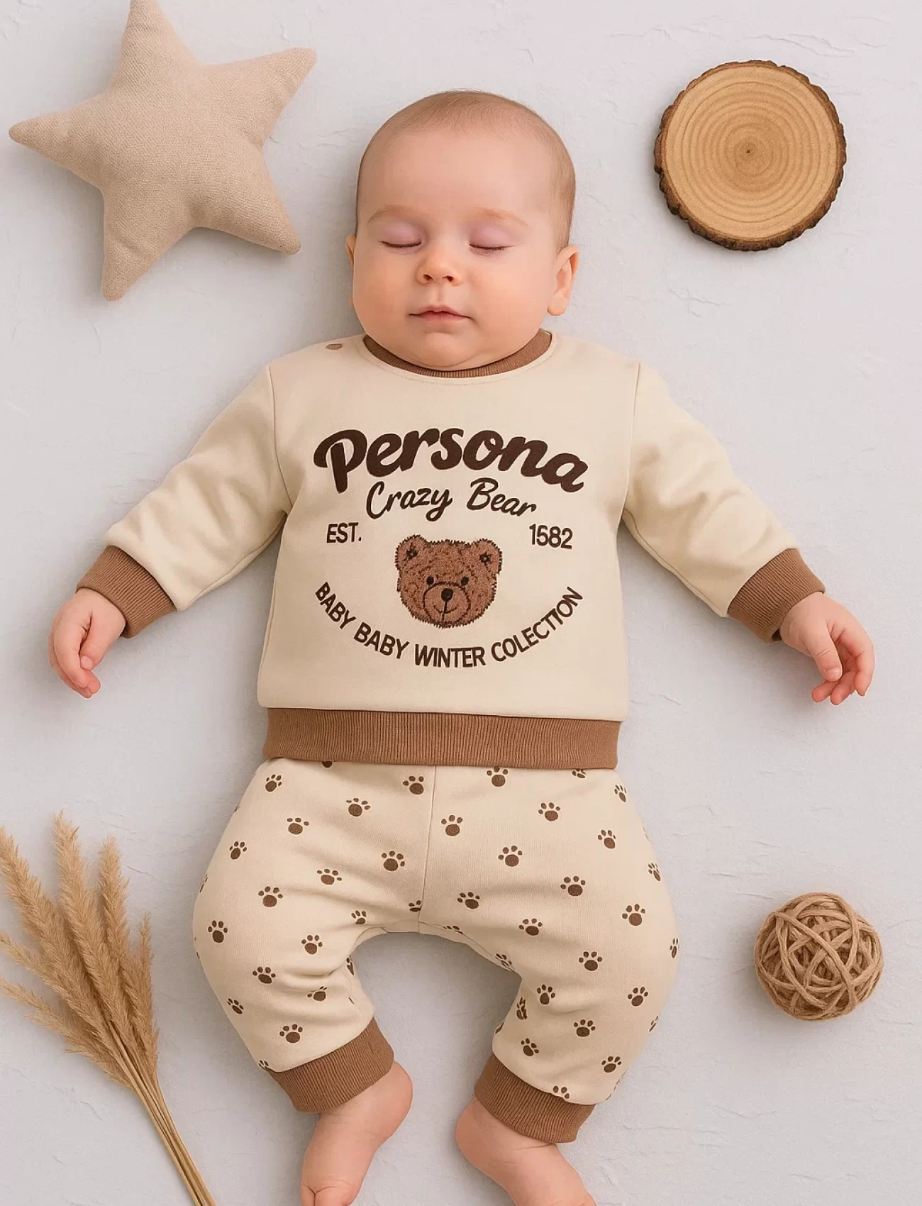 3-18 Ay Erkek Bebek Takımı Persona Bear Nakışlı 2li Krem