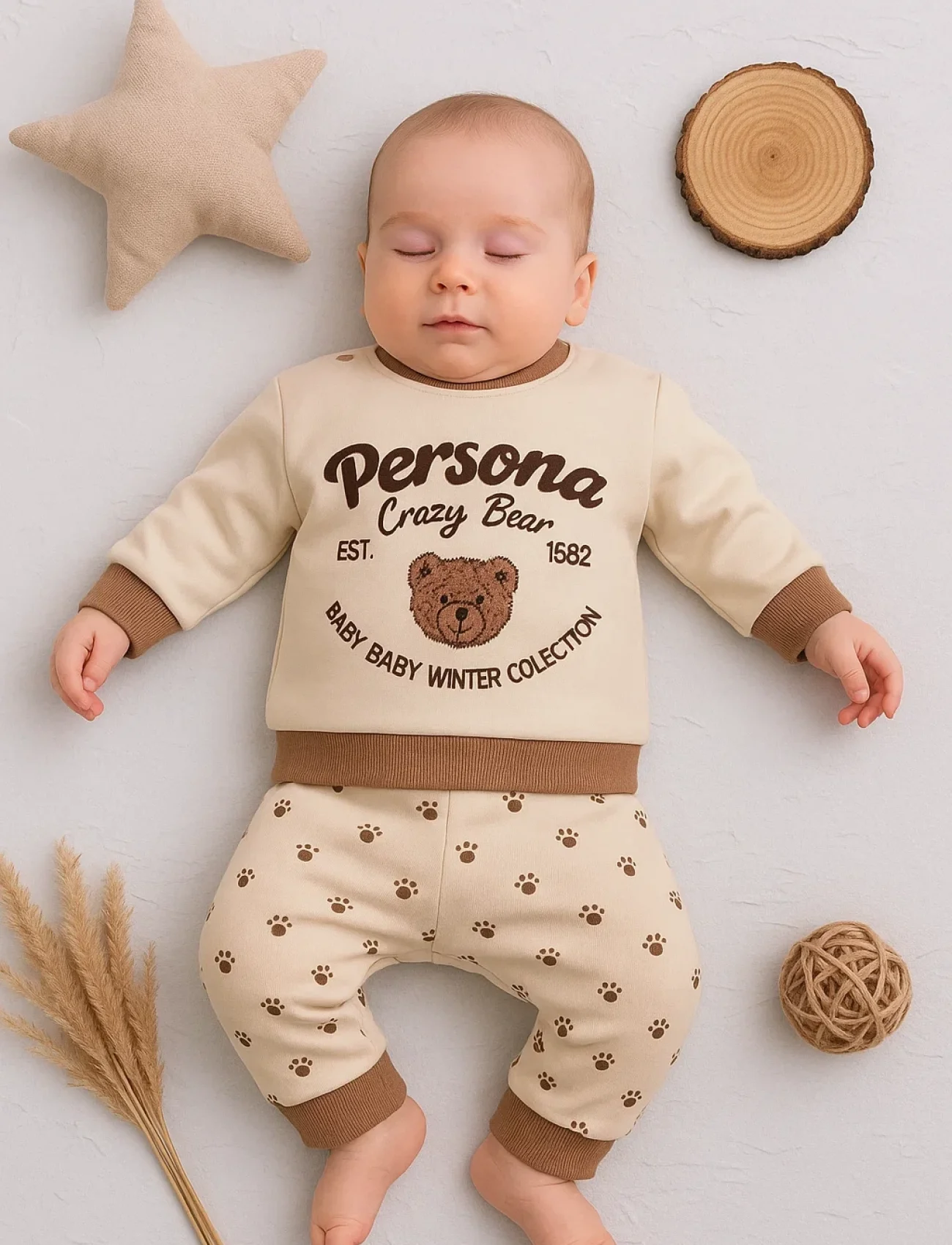 3-18 Ay Erkek Bebek Takımı Persona Bear Nakışlı 2li Krem