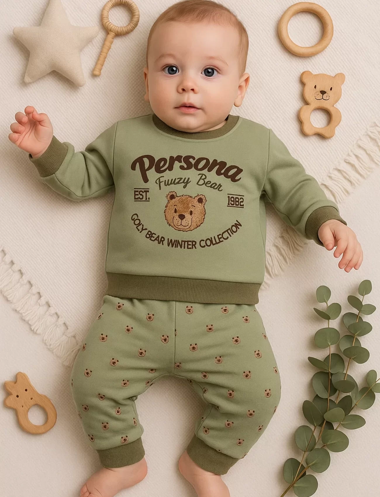 3-18 Ay Erkek Bebek Takımı Persona Bear Nakışlı 2li Yeşil