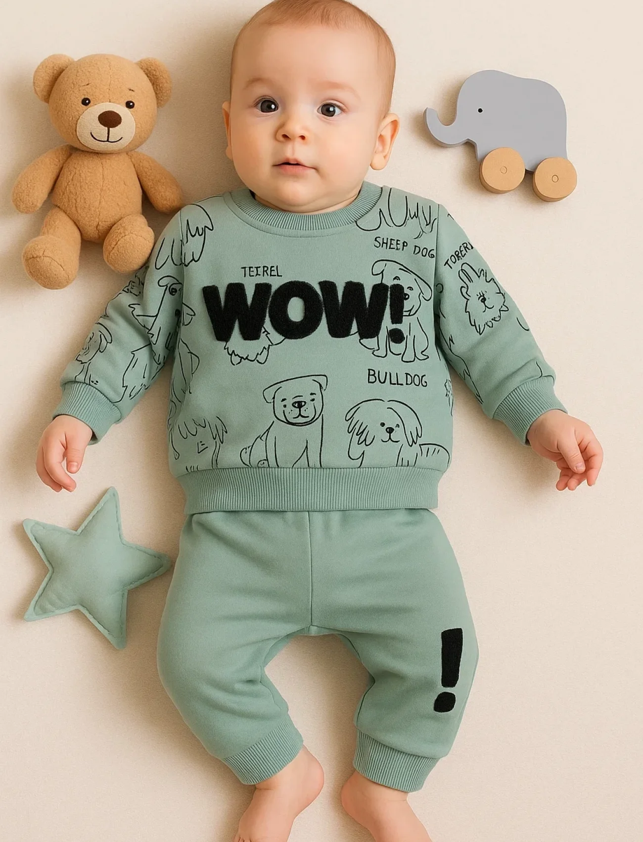 3-18 Ay Erkek Bebek Takımı Wow Nakışlı 2li Yeşil