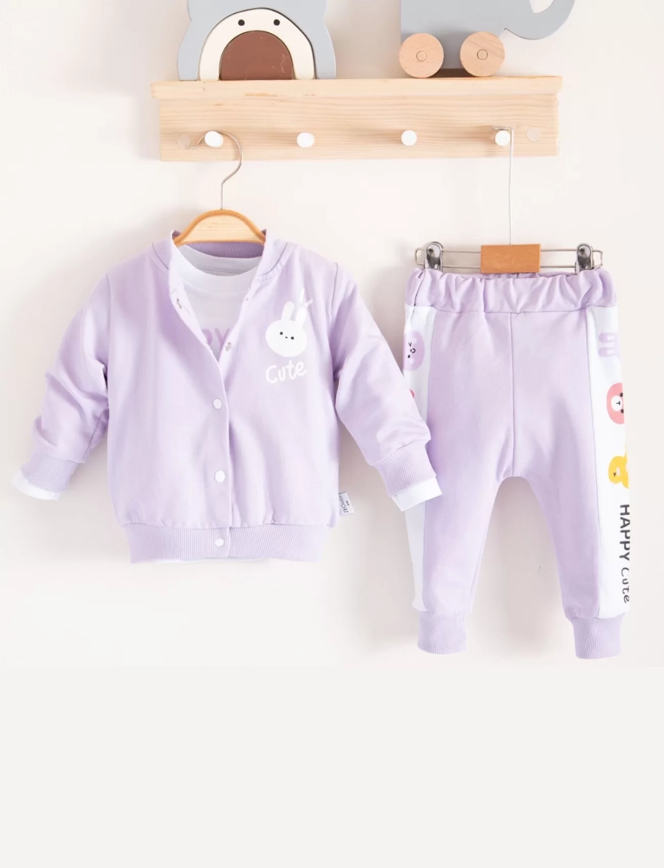 3-18 Ay Kız Bebek Takımı Cute Funny Kapişonlu 3lü Lila