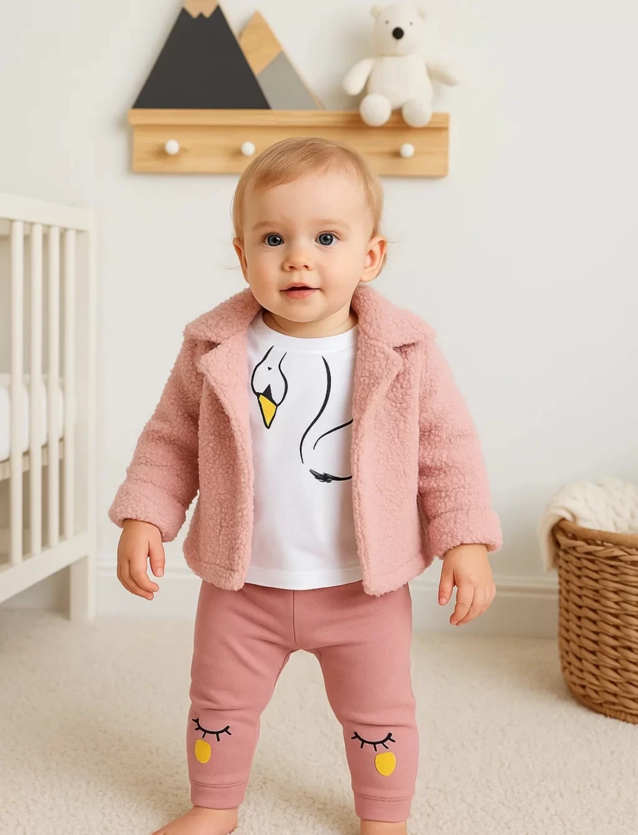 3-18 Ay Kız Bebek Takımı Peluş Hırkalı 3 Lü Pembe