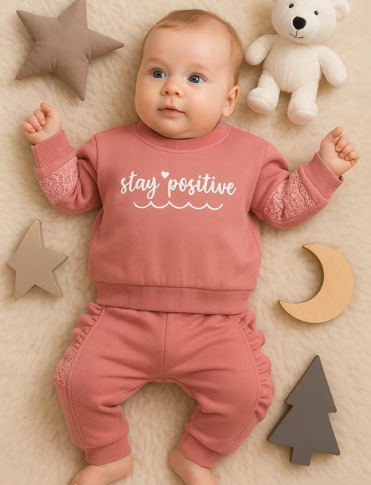3-18 Ay Kız Bebek Takımı Stay Pozitive Dantelli 2li Fuşya