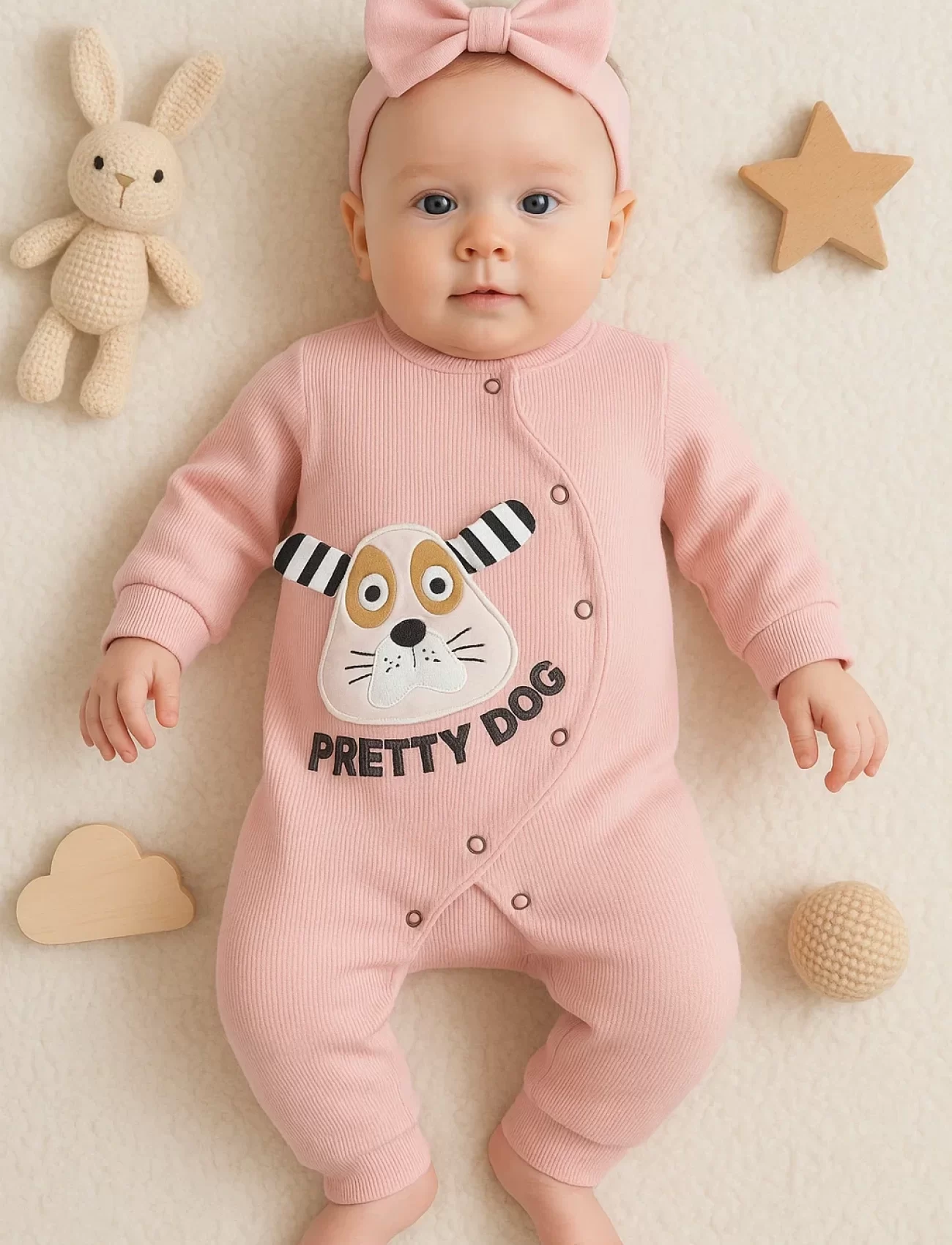 3-18 Ay Kız Bebek Tulumu Pretty Dog Bandanalı Gül Kurusu