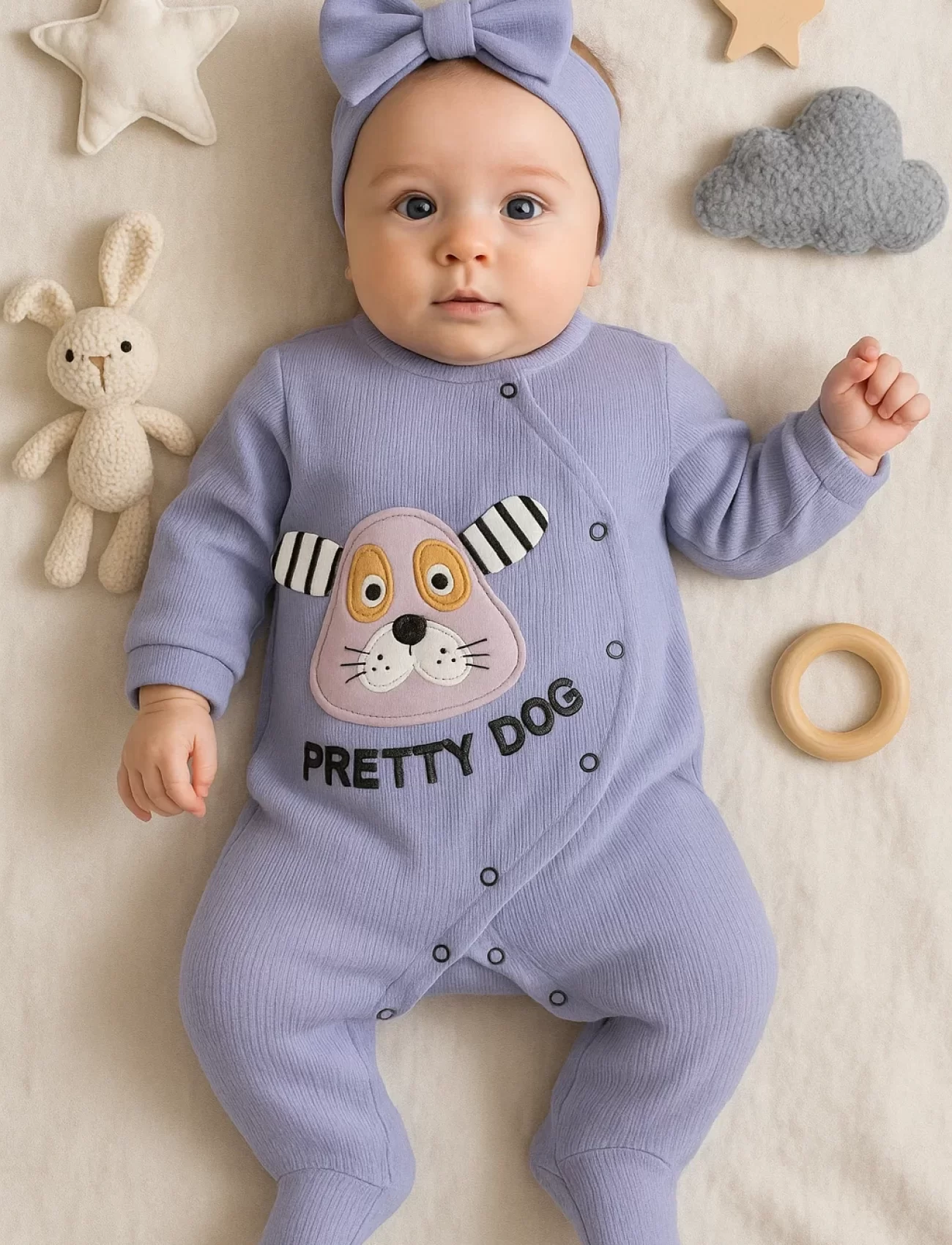 3-18 Ay Kız Bebek Tulumu Pretty Dog Nakış Bandanalı Lila