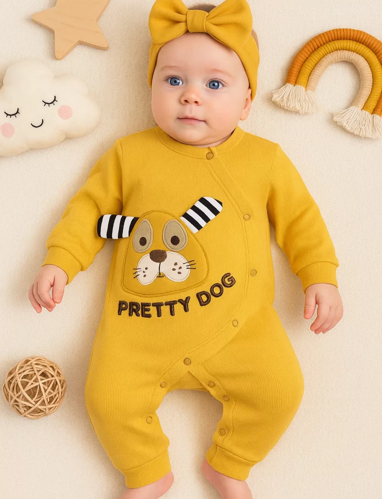3-18 Ay Kız Bebek Tulumu Pretty Dog Nakış Bandanalı Sarı