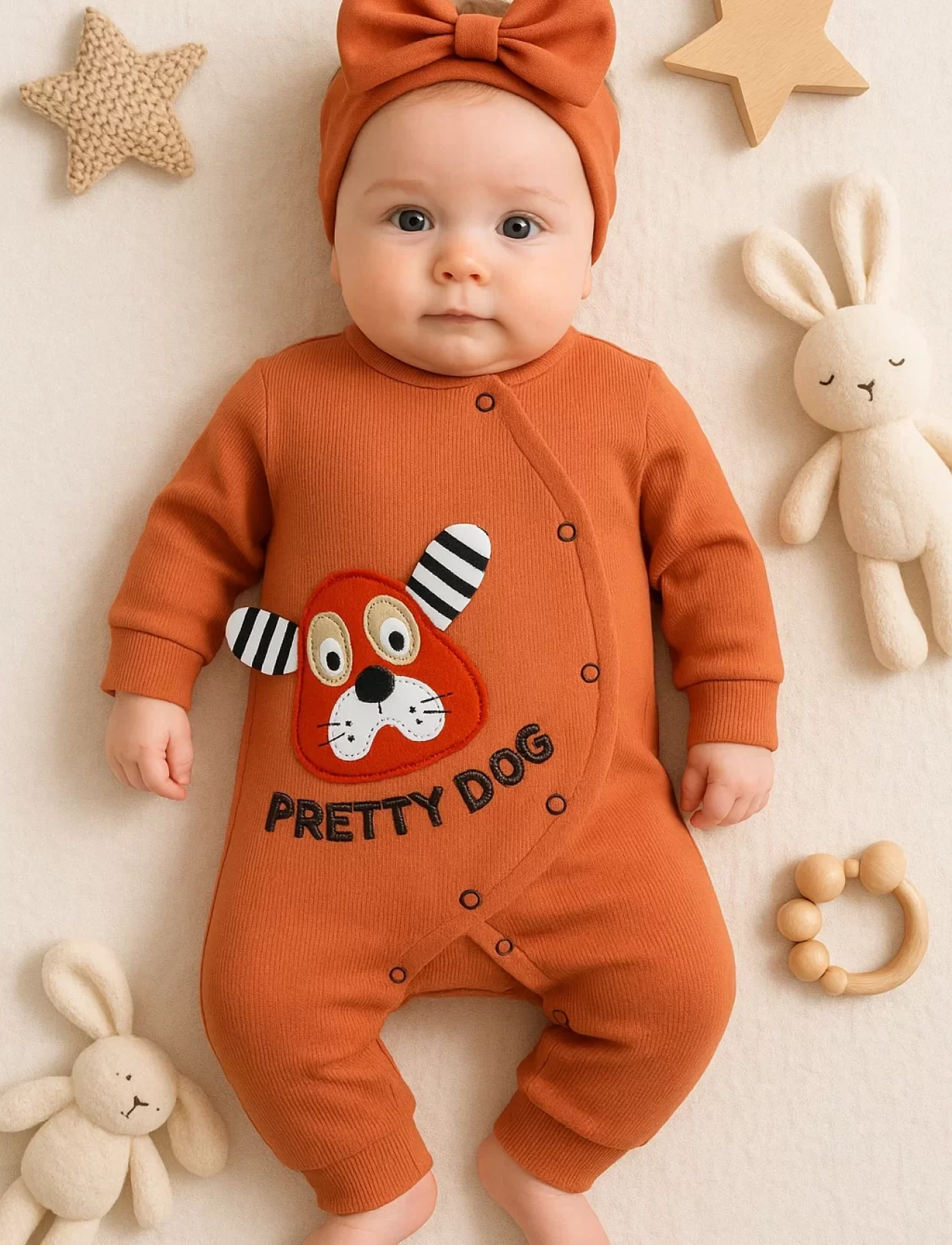 3-18 Ay Pretty Dog Kız Bebek Tulumu Bandanalı Kiremit