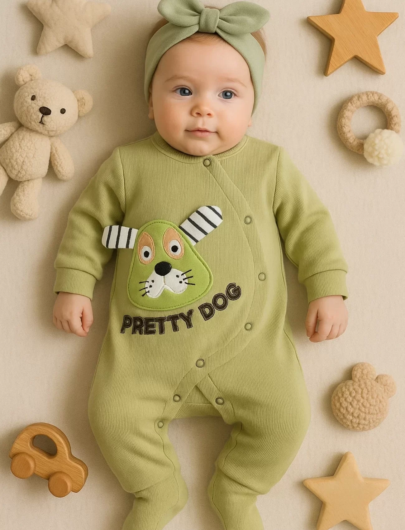 3-18 Ay Pretty Dog Kız Bebek Tulumu Bandanalı Yeşil