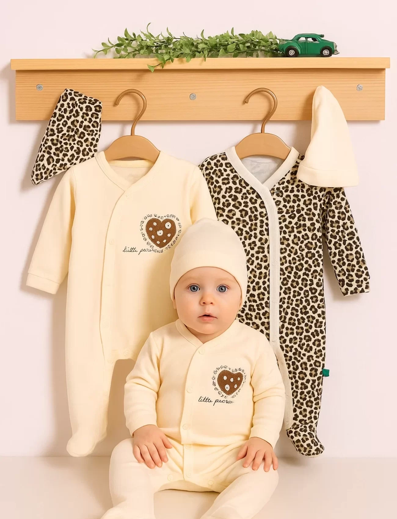 3-6 Ay Açık Kahve Leopar Kız Bebek 4lü Tulum Seti Kahverengi