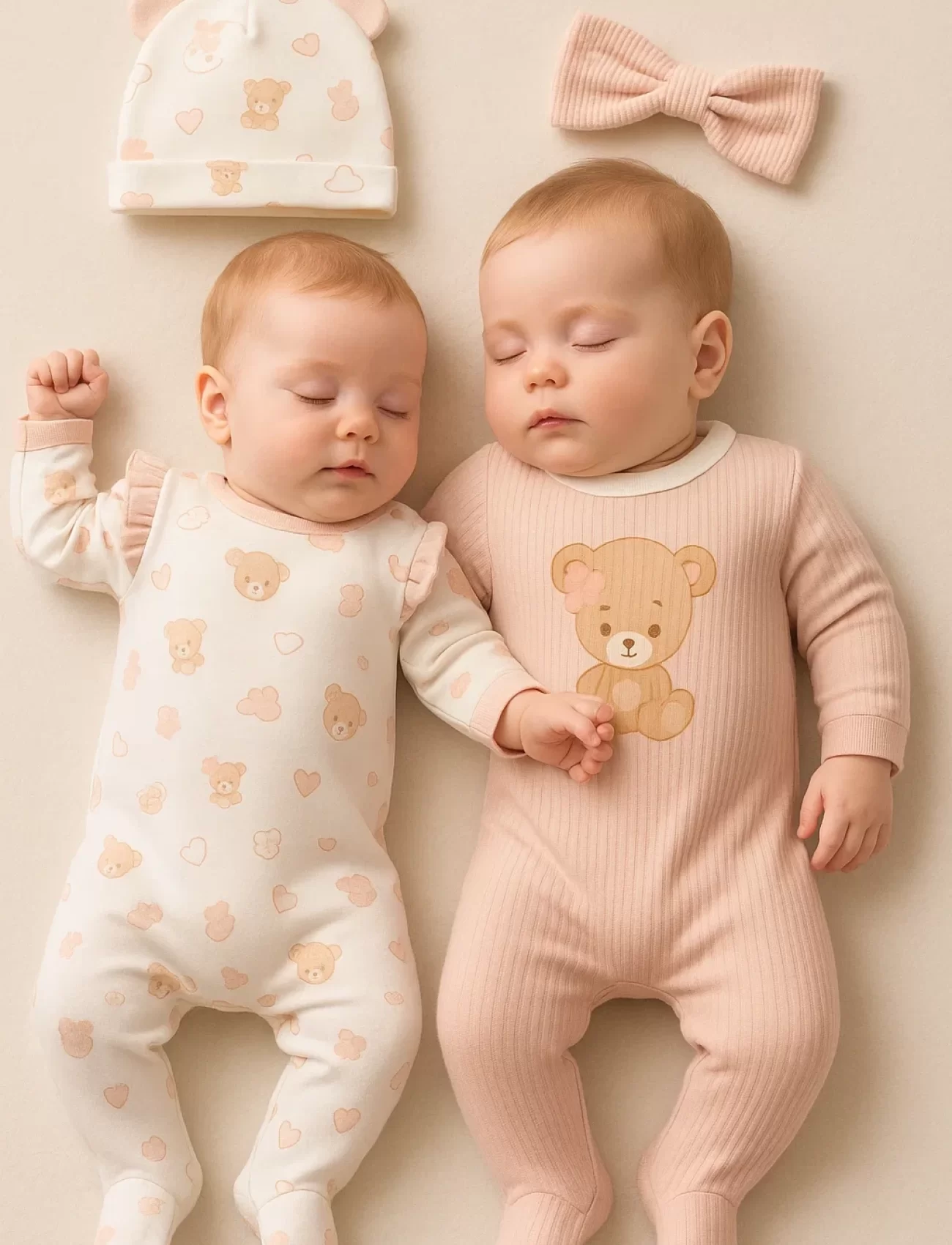3-6 Ay Ayıcık Kız Bebek Tulum Fitilli Şapkalı 2 Adet Gül Kurusu