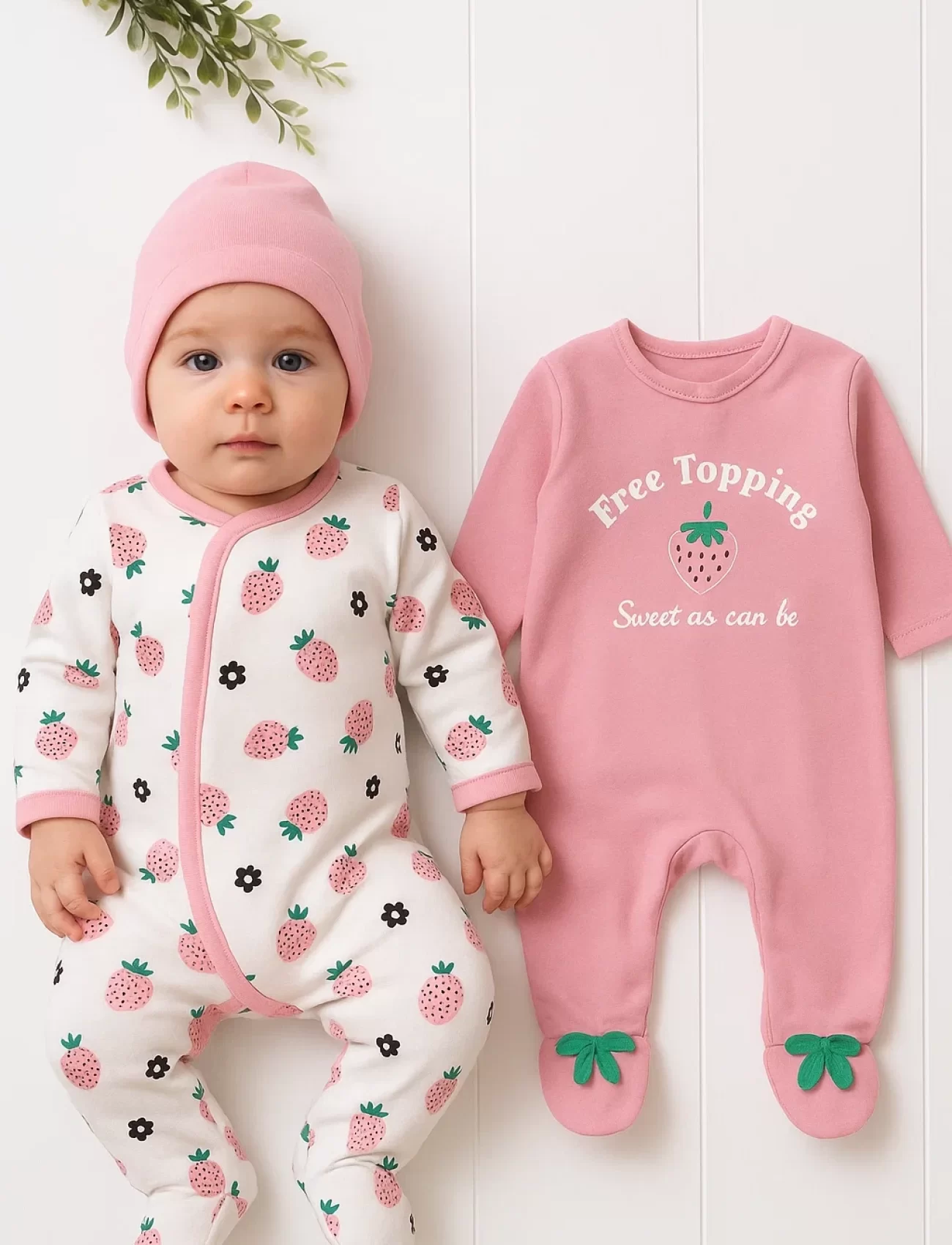 3-6 Ay Çilek Kız Bebek 4lü Tulum Seti Pembe