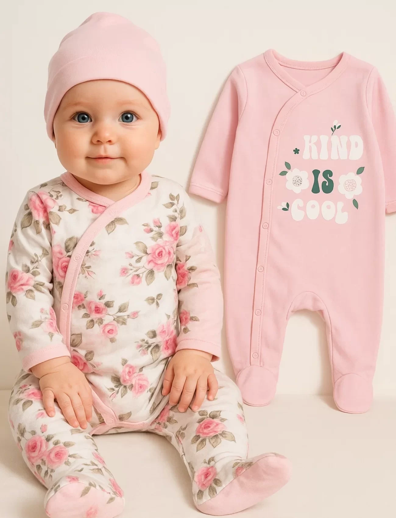 3-6 Ay Kind is Cool Nakışlı Kız Bebek 4lü Tulum Seti Pembe