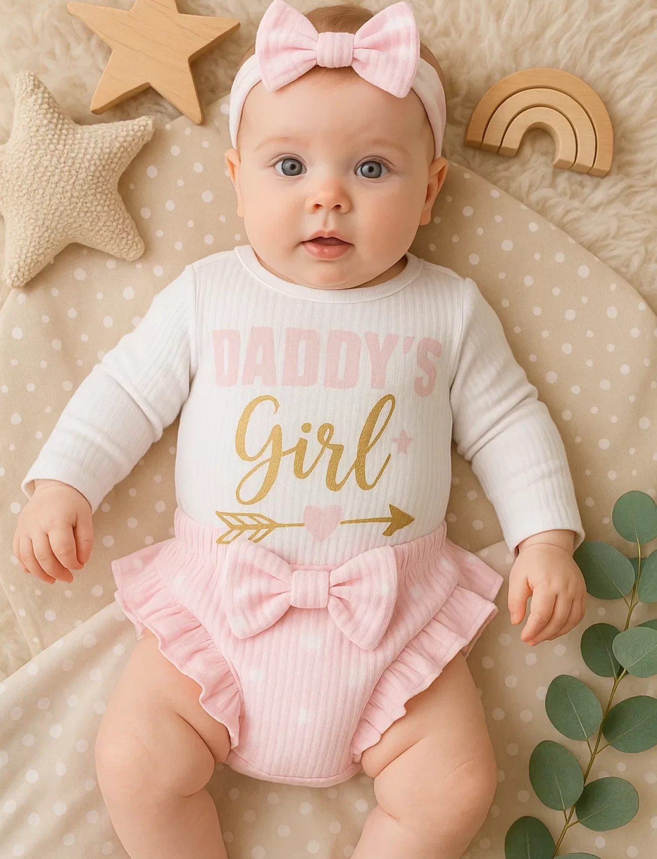 3-6 Ay Kız Bebek Alt&Üst Takımı Daddys Girl Bandanalı Pembe