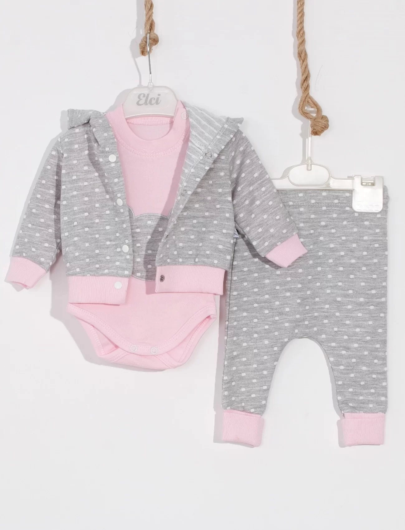 3-6 Ay Kız Bebek Takımı Bear Nakışlı Puanlı 2li Pembe