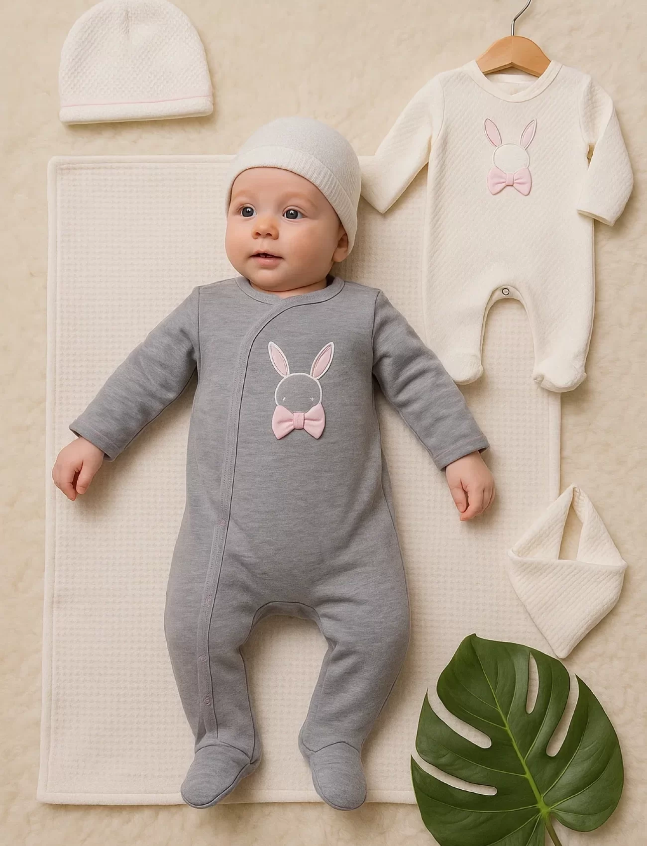 3-6 Ay Tavşan Desenli Fiyonklu Kız Bebek 4lü Tulum Seti Gri