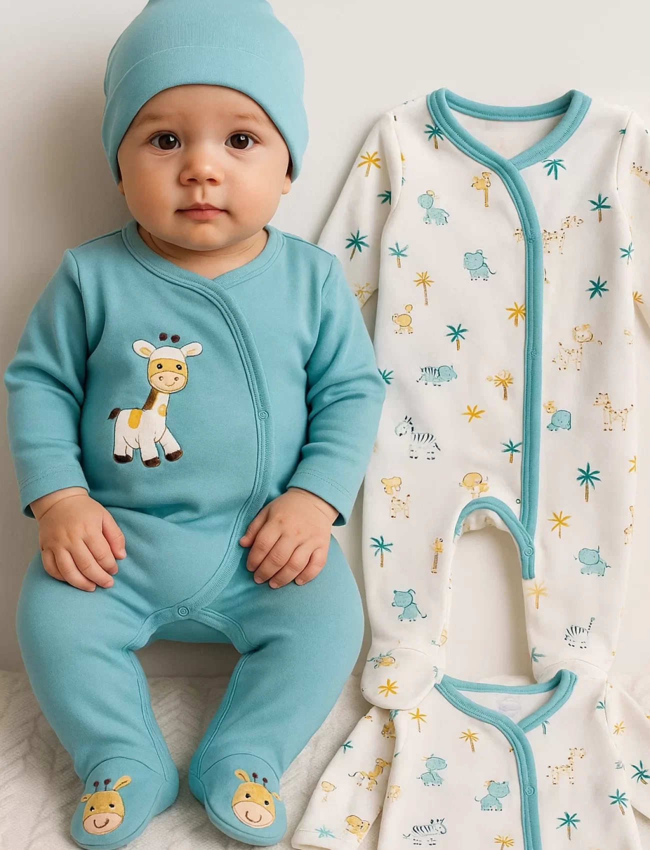3-6 Ay Zürafa Nakışlı Erkek Bebek 4lü Tulum Seti Yeşil