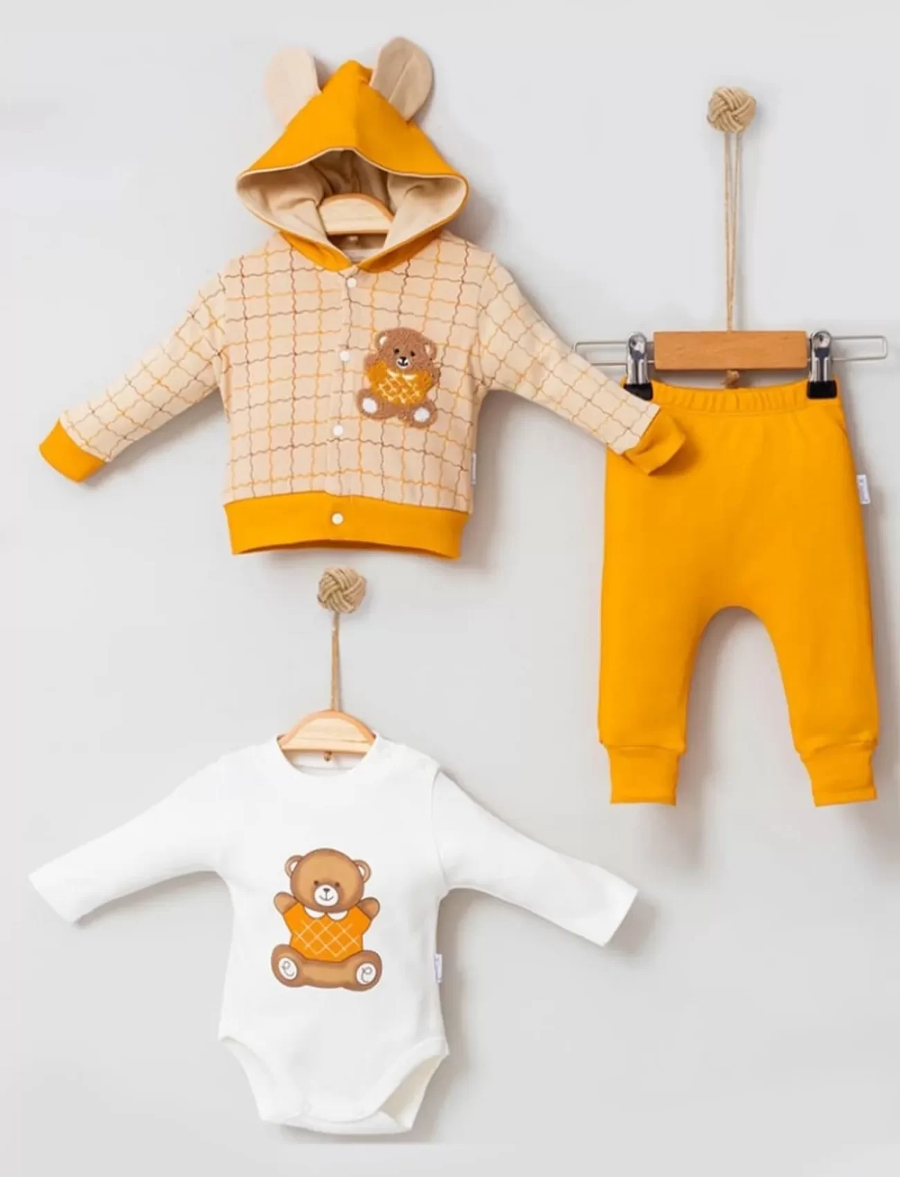 3-9 Ay Bear Çizgili Hırkalı 3lü Bebek Alt&Üst Takımı Sarı