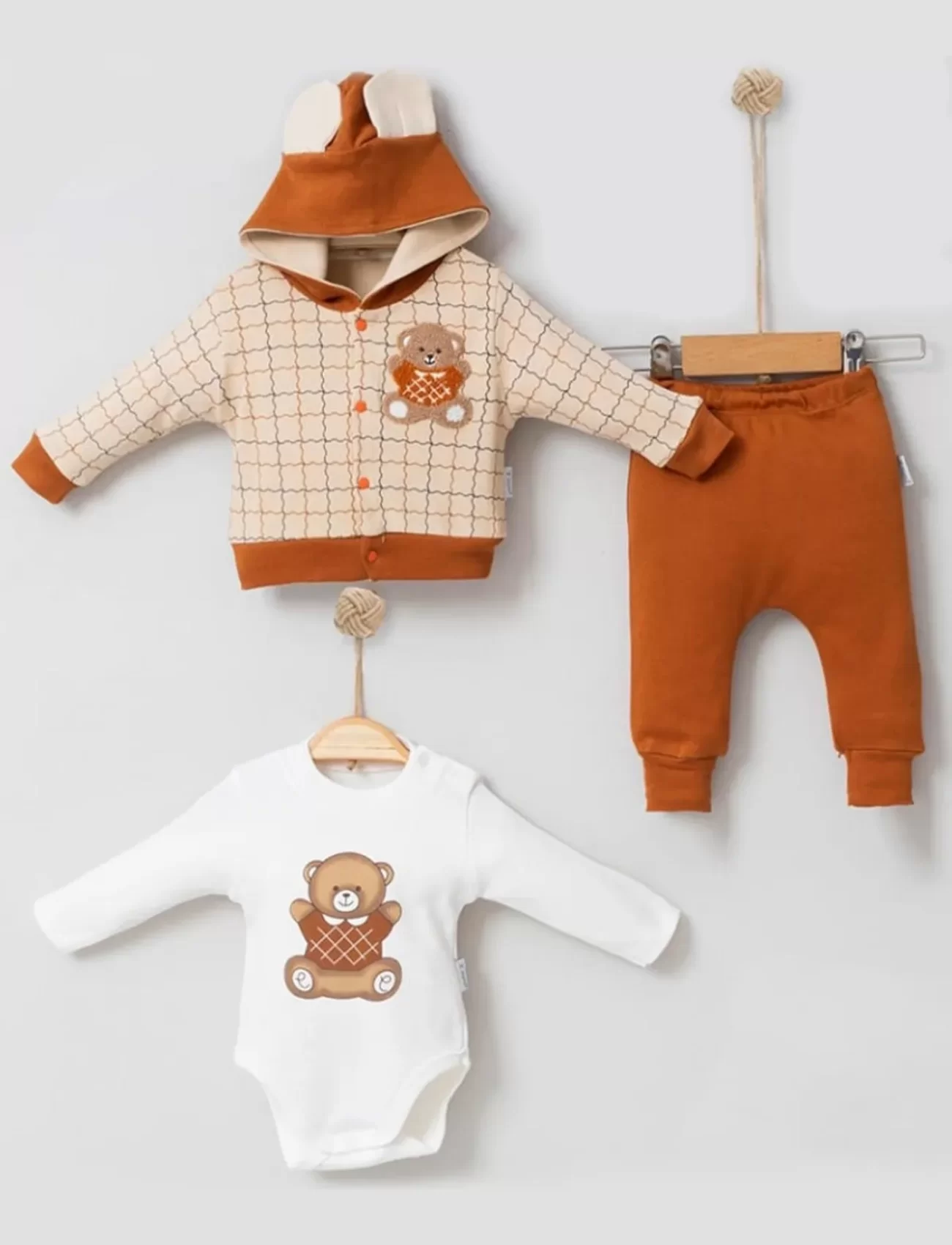 3-9 Ay Bear Çizgili Hırkalı 3lü Bebek Takımı Kahverengi