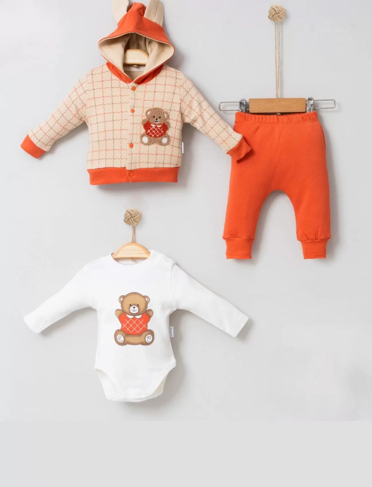 3-9 Ay Bear Çizgili Hırkalı 3lü Bebek Takımı Kiremit