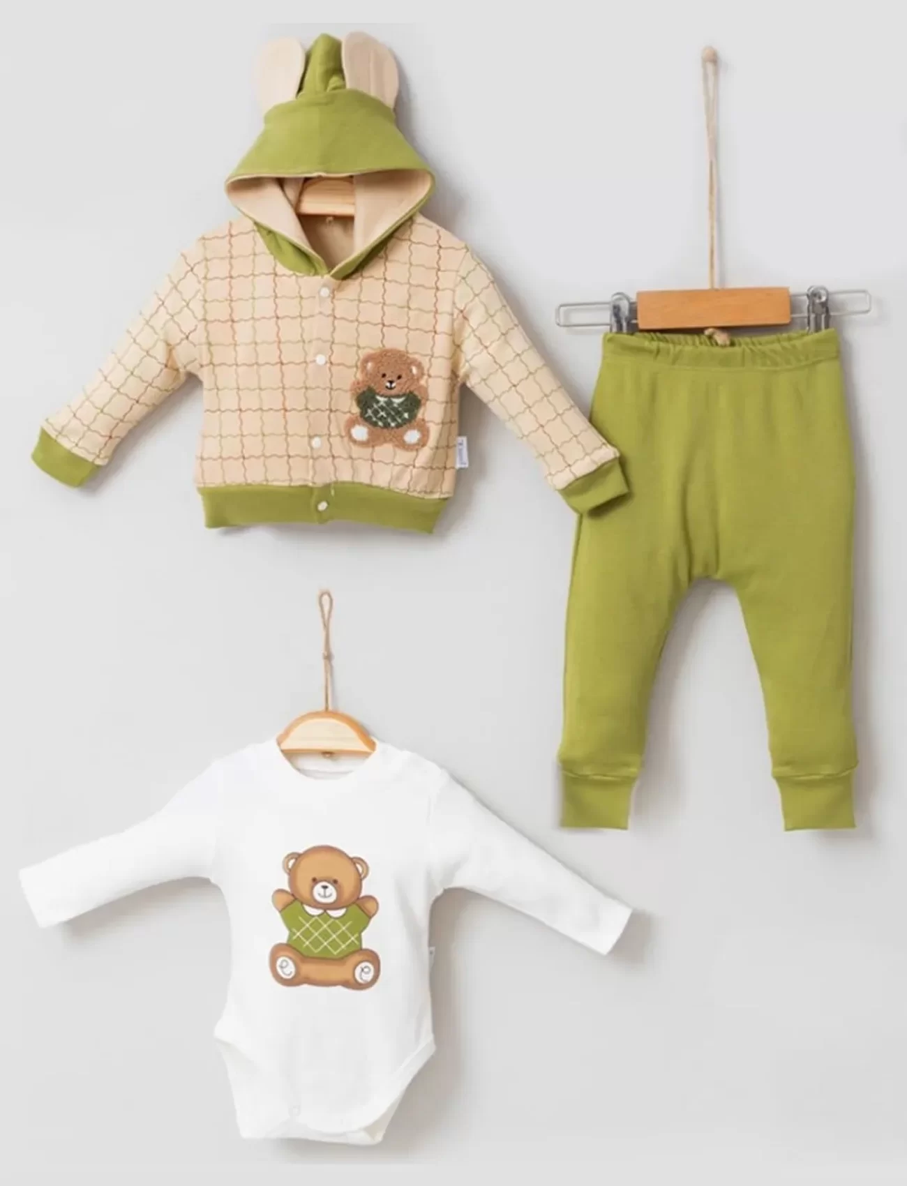 3-9 Ay Bear Çizgili Hırkalı 3lü Bebek Takımı Yeşil