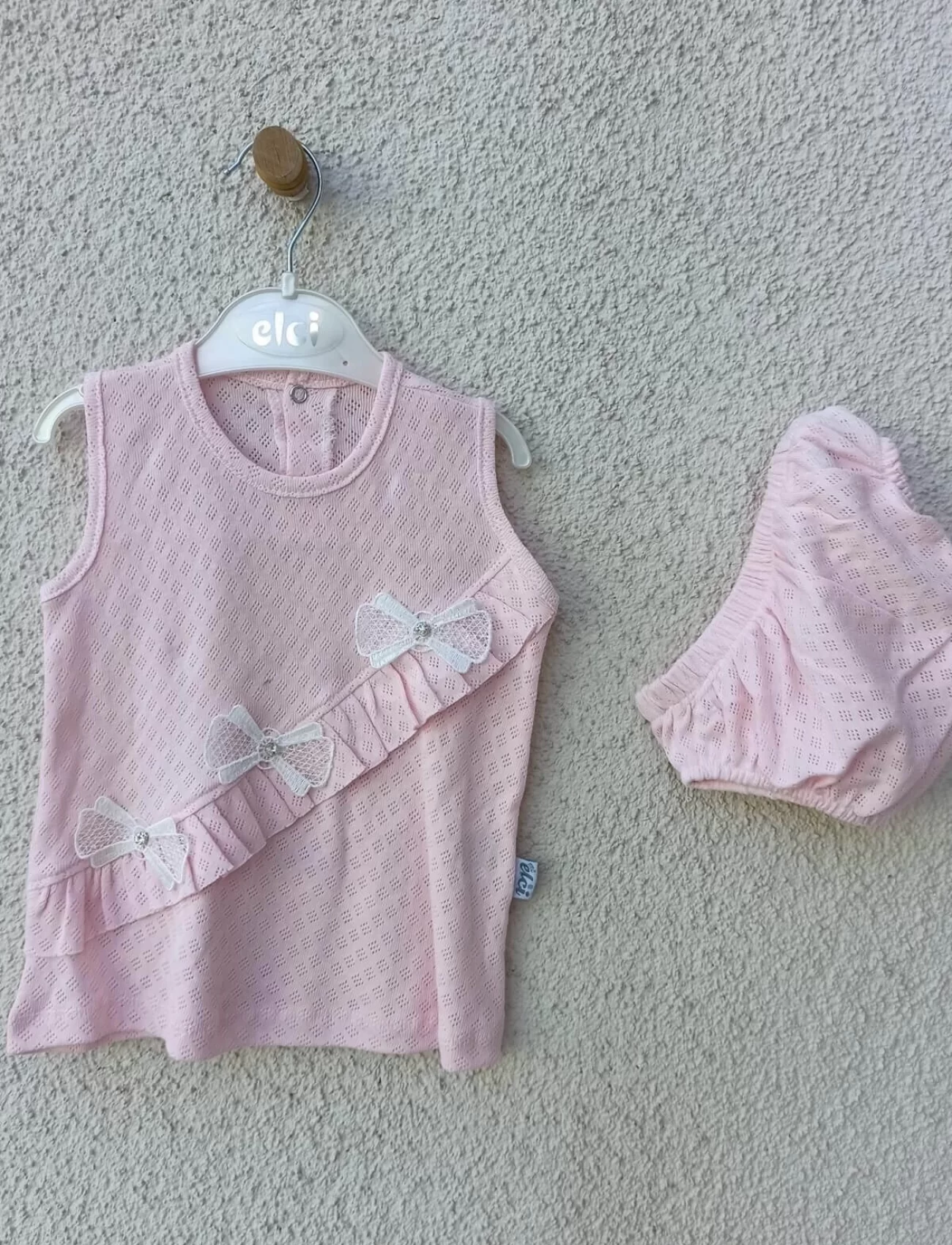 3-9 Ay Bebek Brode Fiyonklu Külotlu Yazlık Takımı PEMBE