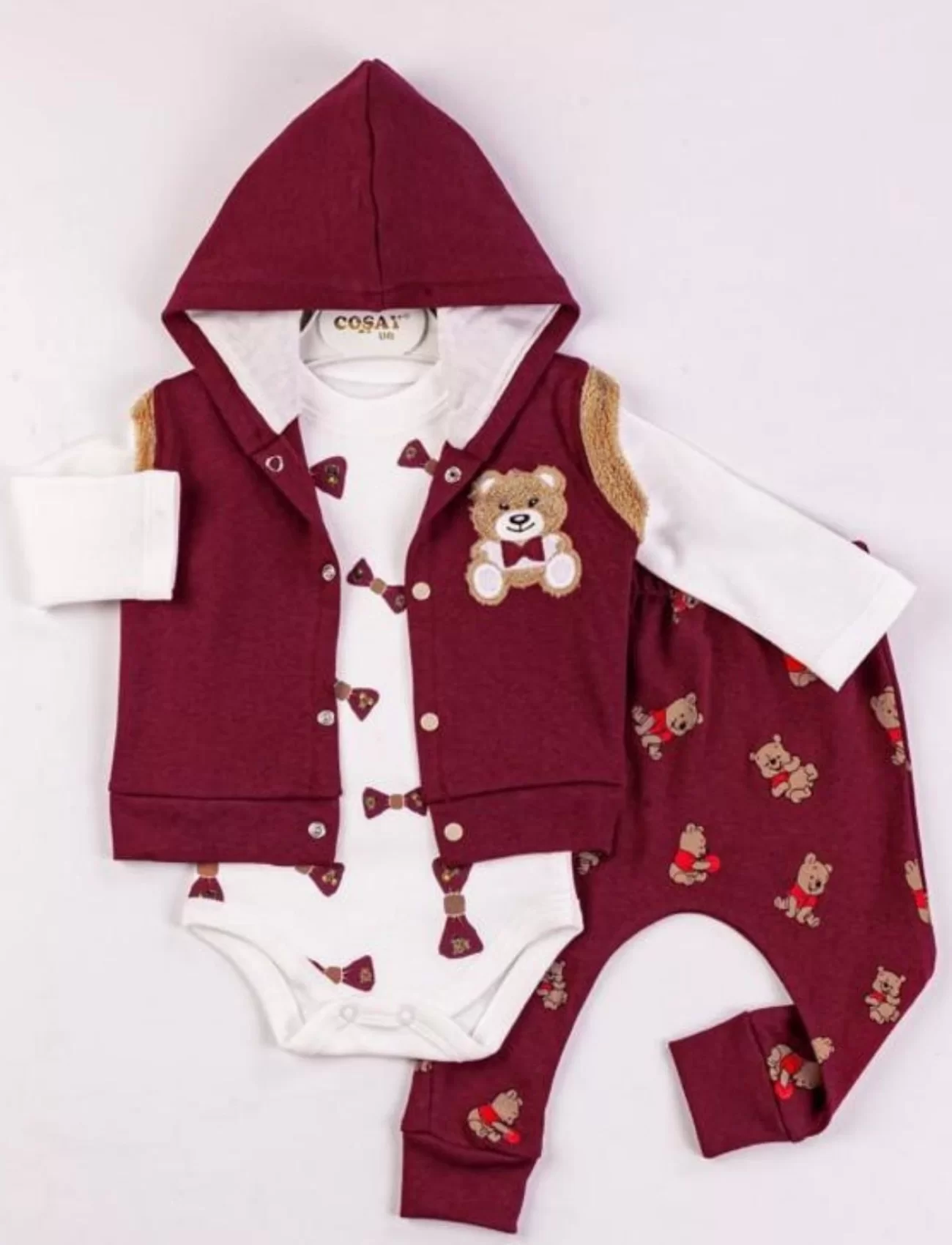 3-9 Ay Erkek Bebek Takımı Bear Nakışlı Yelekli 3lü Bordo