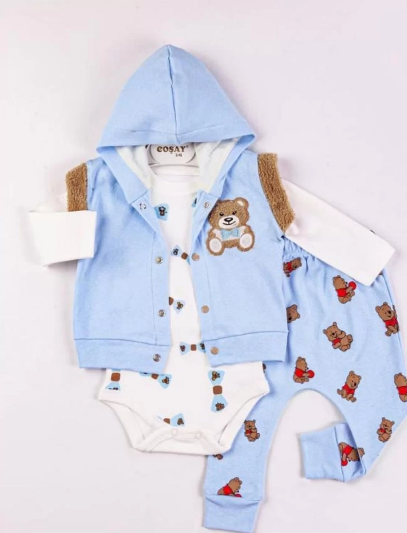 3-9 Ay Erkek Bebek Takımı Bear Nakışlı Yelekli 3lü Mavi