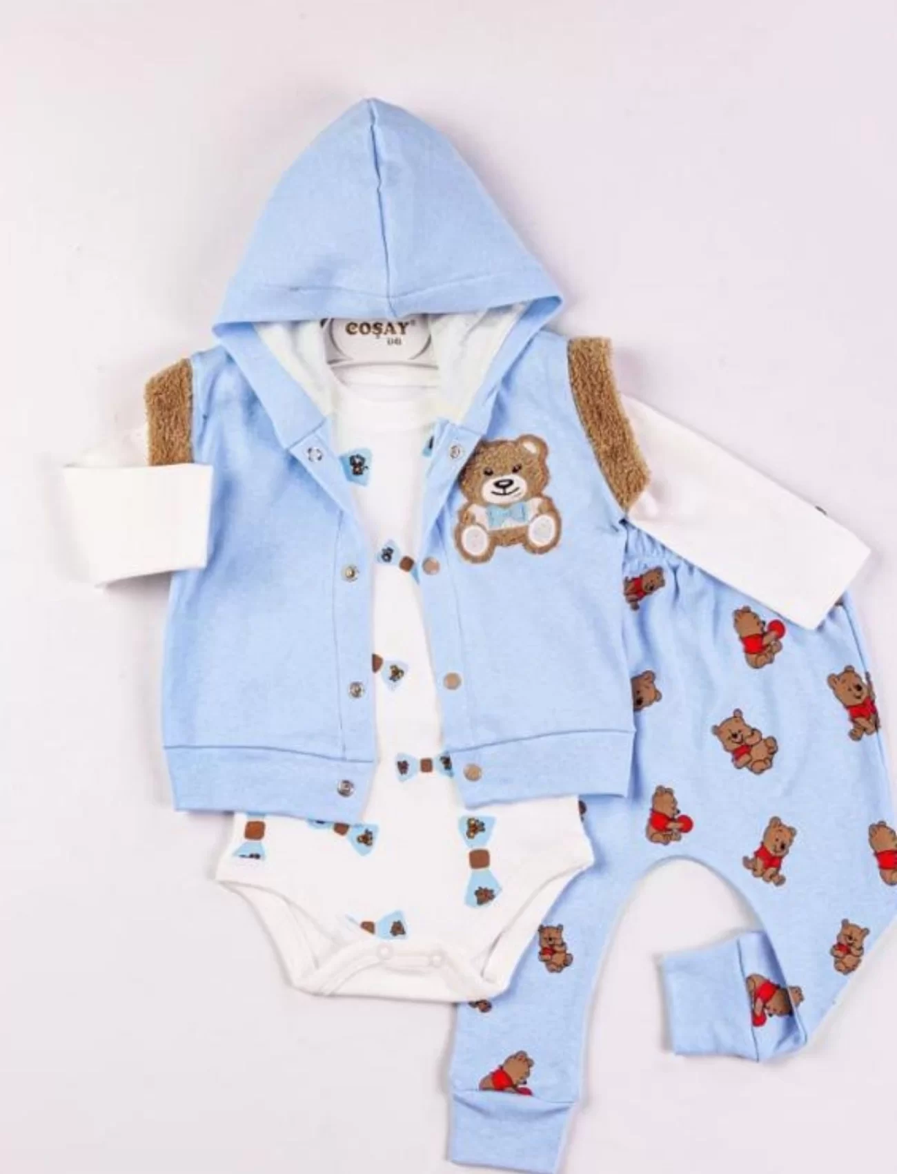 3-9 Ay Erkek Bebek Takımı Bear Nakışlı Yelekli 3lü Mavi