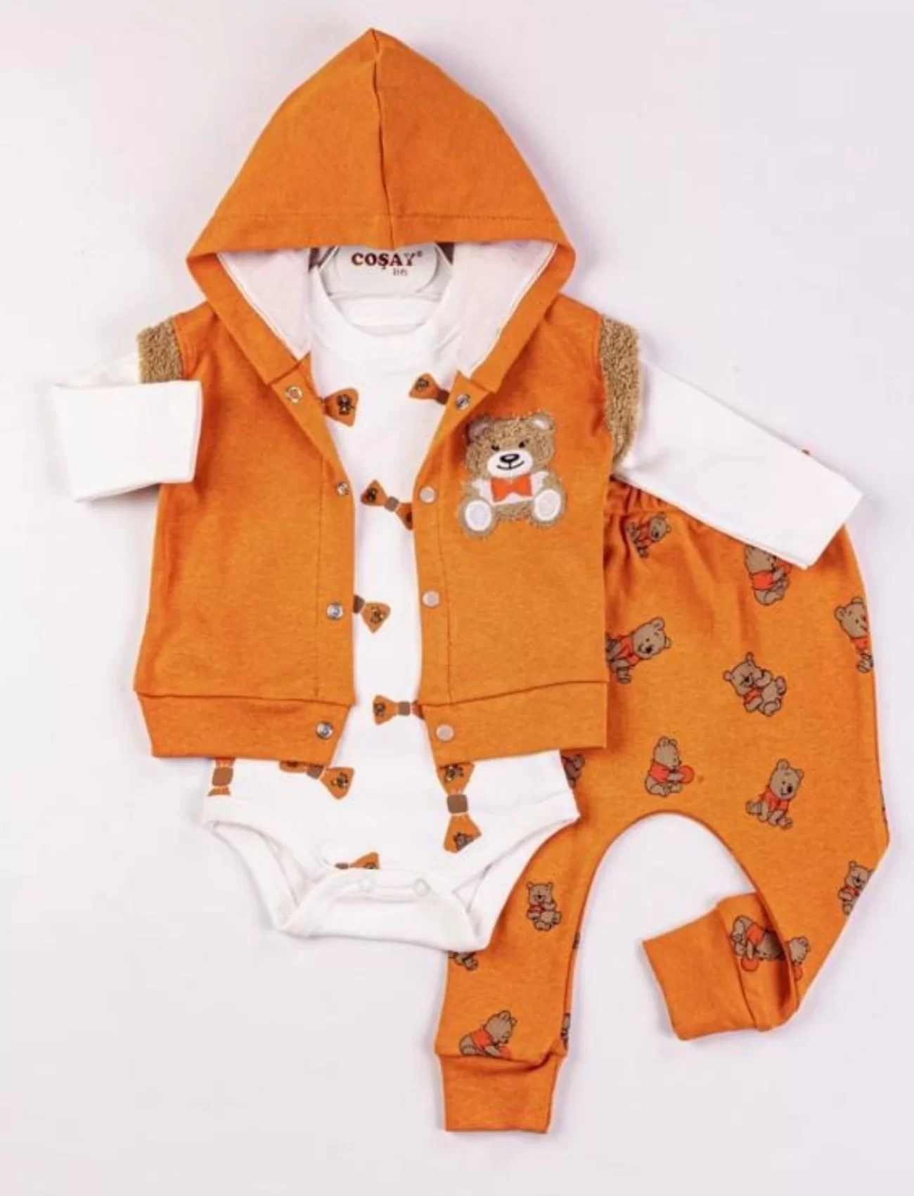 3-9 Ay Erkek Bebek Takımı Bear Nakışlı Yelekli 3lü Turuncu