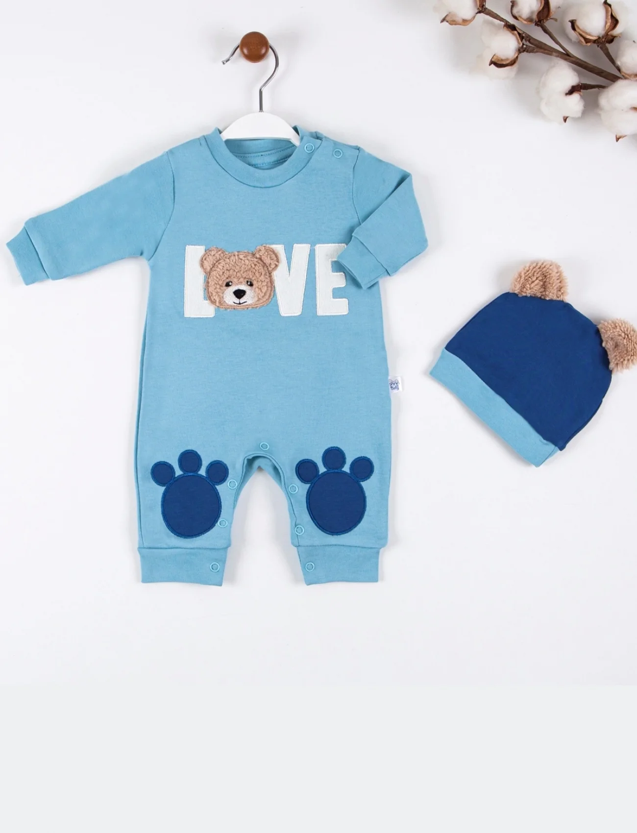 3-9 Ay Erkek Bebek Tulumu Love Bear Nakışlı Mavi
