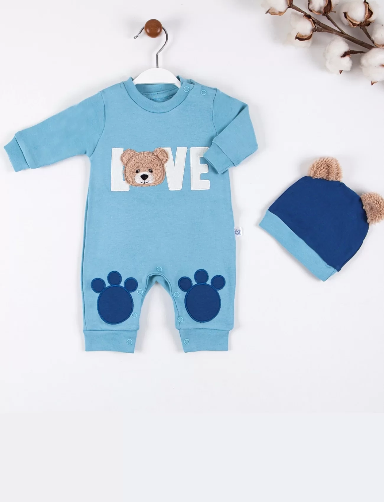3-9 Ay Erkek Bebek Tulumu Love Bear Nakışlı Mavi