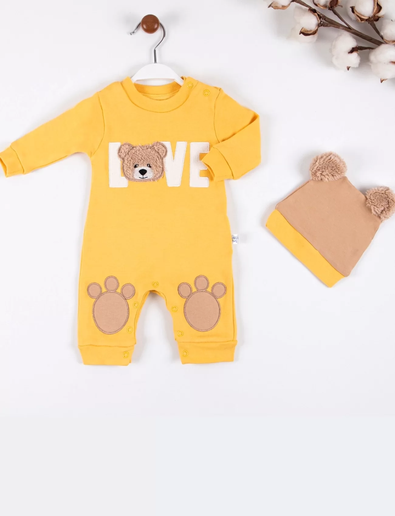 3-9 Ay Erkek Bebek Tulumu Love Bear Nakışlı Sarı