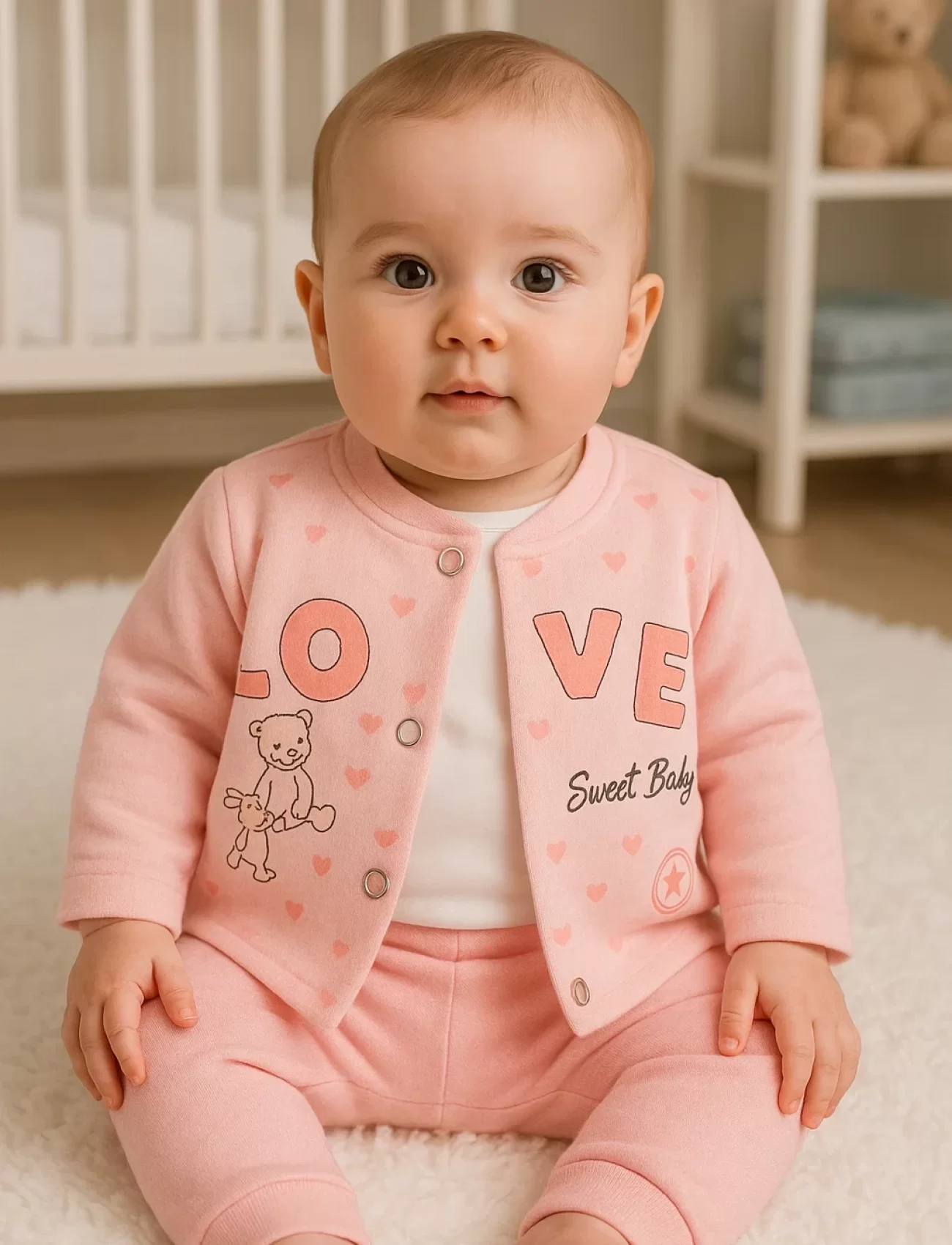 3-9 Ay Hırkalı Kız Bebek Takımı Love Tavşan Fırfır 3lü Pembe
