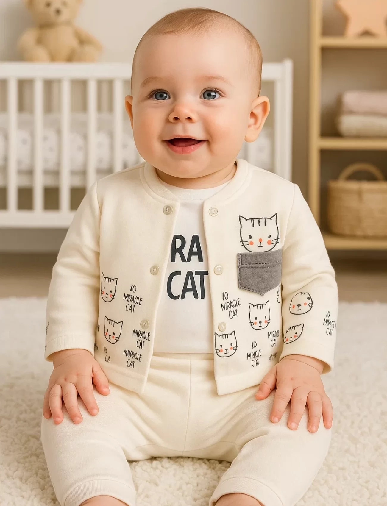 3-9 Ay Kız Bebek Alt&Üst Takımı Kedi 3lü Hırkalı Krem