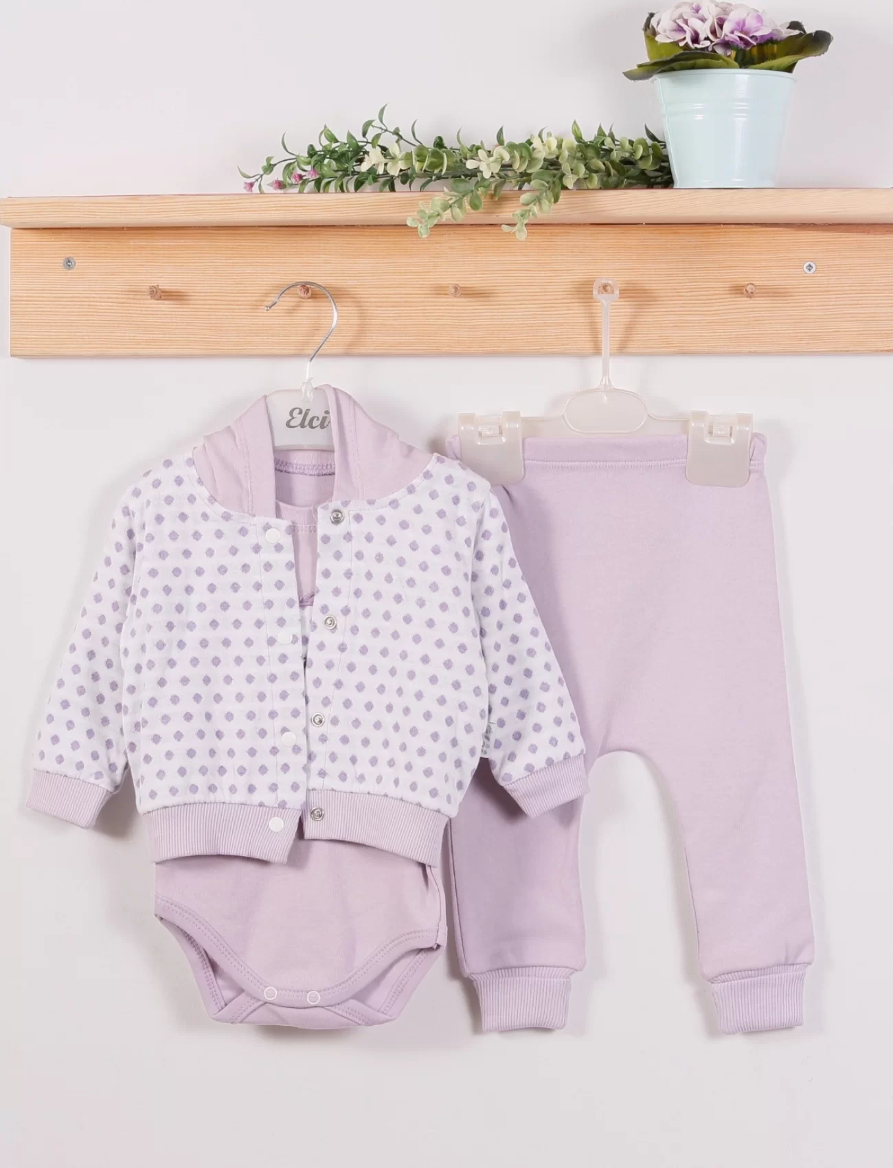 3-9 Ay Kız Bebek Alt&Üst Takımı Puan Kapişonlu 3lü Lila