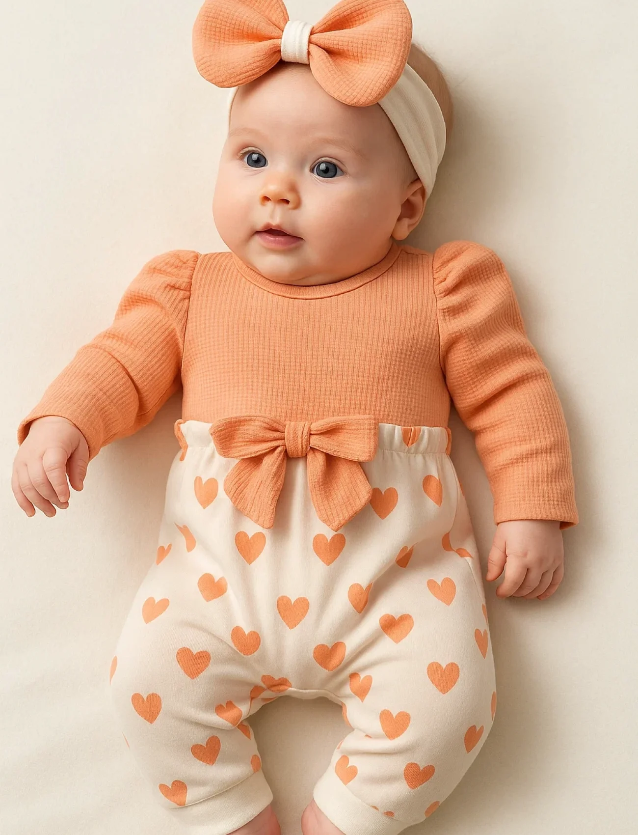 3-9 Ay Kız Bebek Kalp Waffle Bandanalı 2li Tulum Turuncu