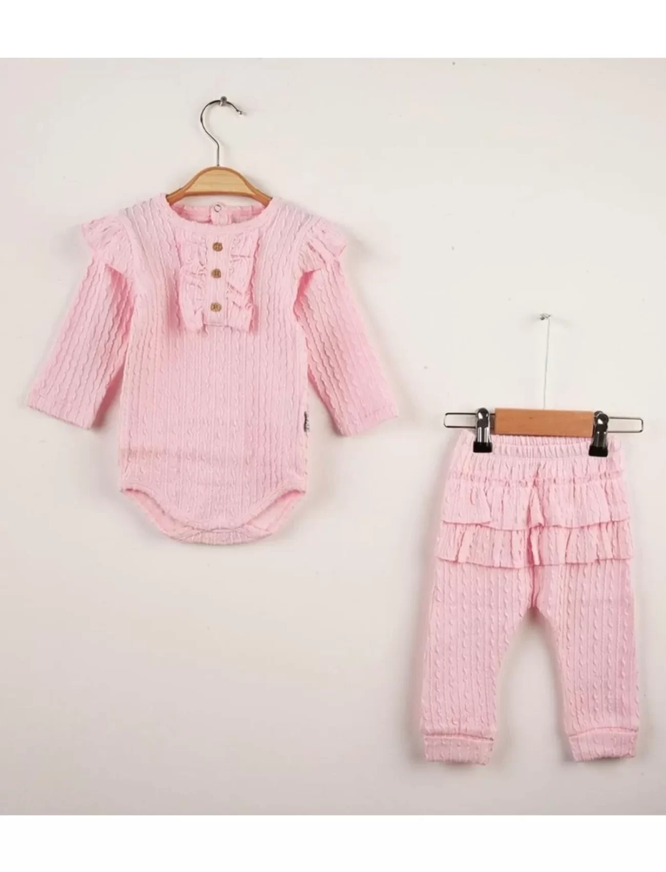 3-9 Ay Kız Bebek Takımı Büzgü Detay Fırfırlı 2li Pembe